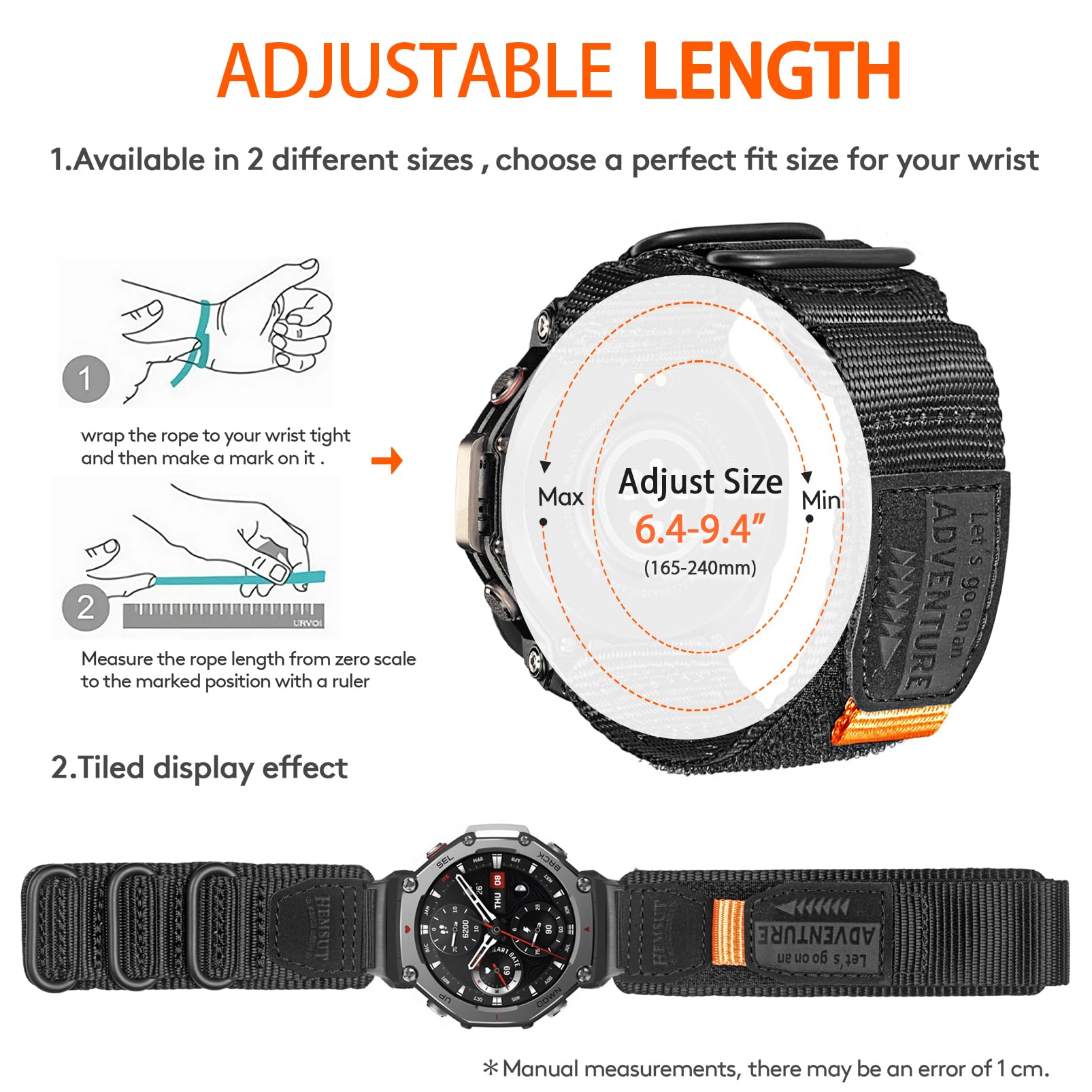 SMITHA Cinturino per orologio compatibile con Amazfit Trex 3 / Trex 3 Pro 48 mm, cinturino in nylon resistente con toppa in pelle, cinturino sportivo regolabile a 3 anelli in 5 colori