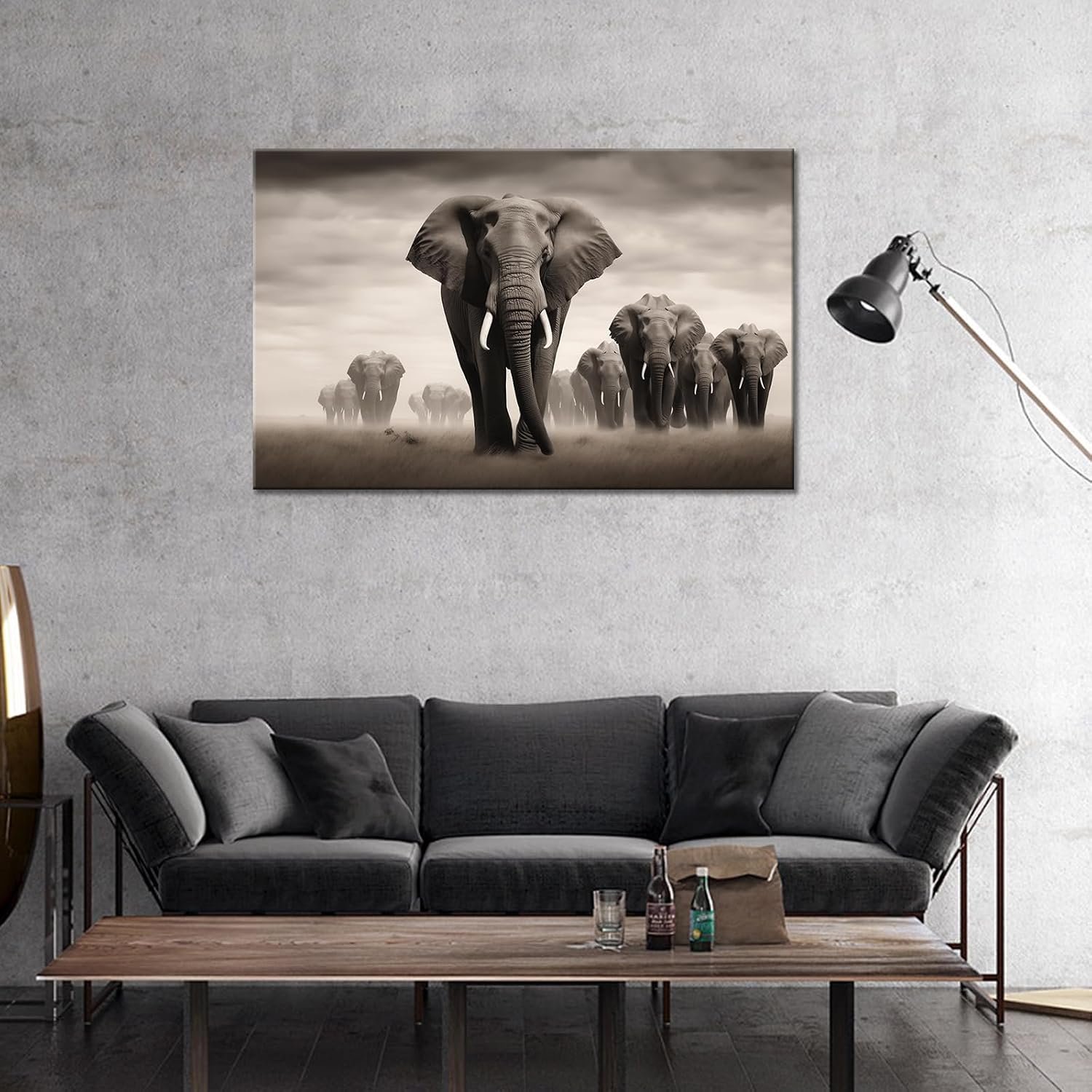 African Animal Art Wall Decor Elephants Migration Landscape Wall Art Black ande White Natural Animal Print Painting Poster Framed for Living Room Bedroom Decor