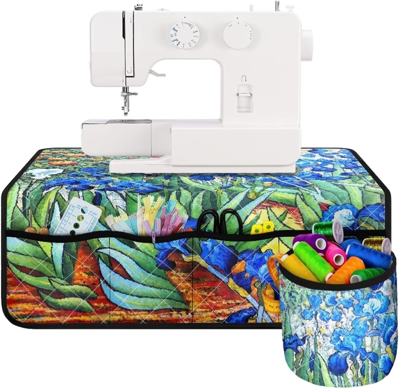 Irises Sewing Machine Mat with Pockets Lightweight Non Slip Sewing Machine Pad Organizer to Reduce Noise Waterproof Sewing Machine Muffling Mat Madam Sew