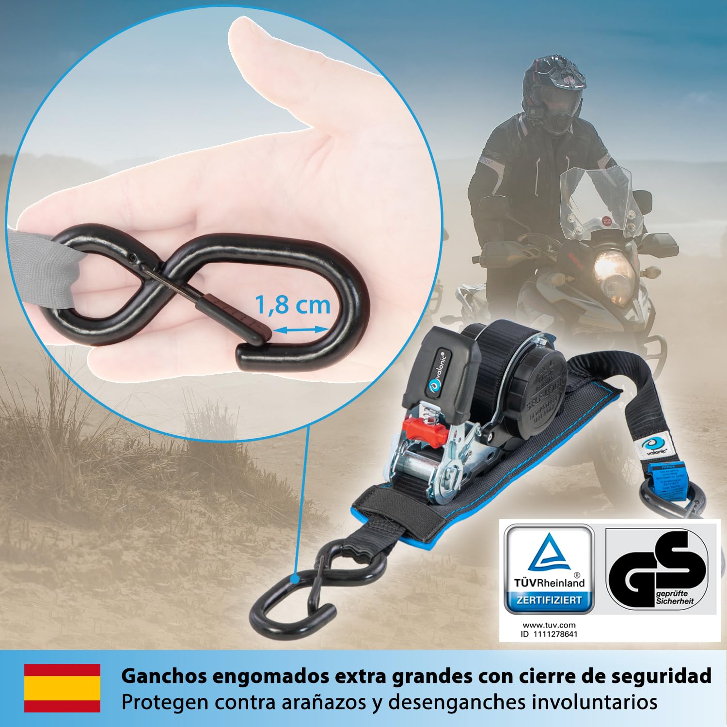 valonic Panda - 2X 5m Cinchas de Amarre automáticas con mosquetón, 25mm, 300/600 KG, Acolchadas, Certificado TÜV Rheinl. & GS, EN-12195-2 - con trinquete, Negro