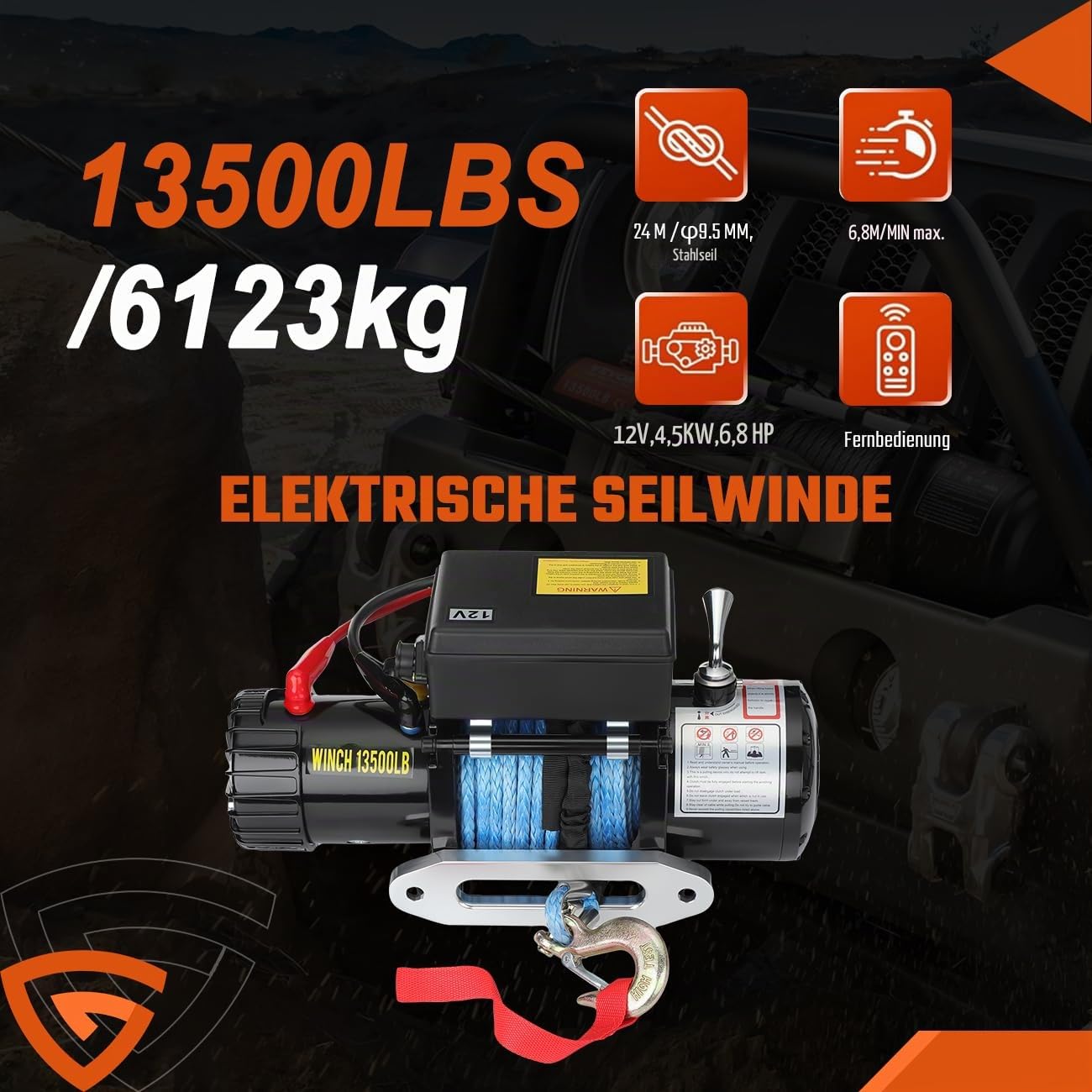 Elektrische Seilwinde 12V 6123 kg/13500lbs, Motorwinde 12V mit Dyneema-Seil, Funk & Kabel Fernbedienung, Wasserdichtem Steuergerät, Inkl. Seilfenster, IP67 für ATV, UTV, SUV, Boot, Anhänger