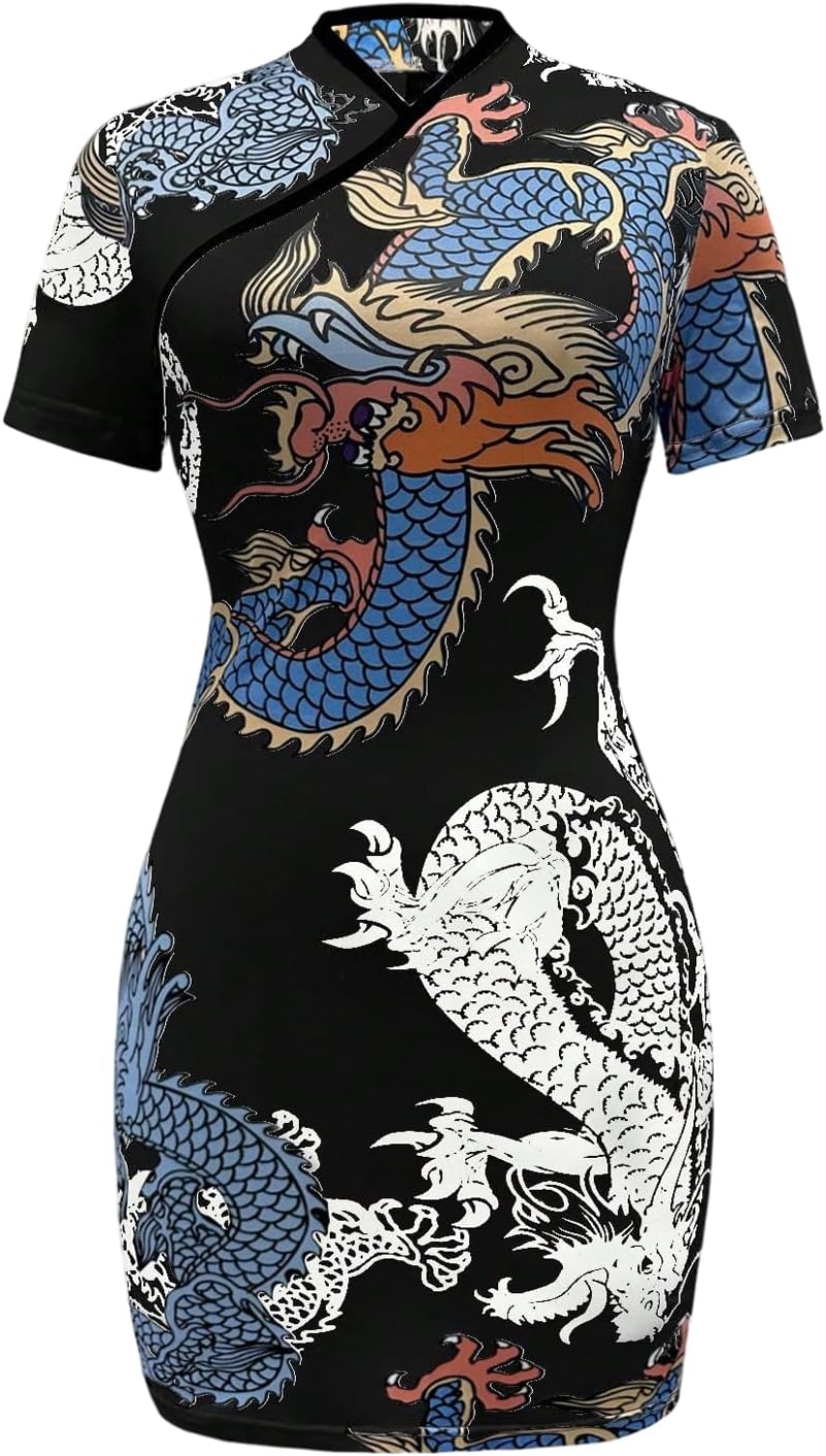 Floerns Women's Cheongsam Chinese Traditional Dragon Print Qipao Bodycon Mini Dress