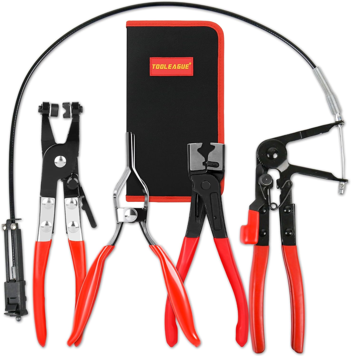 TOOLEAGUE 4Pcs Hose Clamp Pliers Set, Long Reach Wire Spring, Hose Removal Tool Pinch Pliers Car Tool Kit