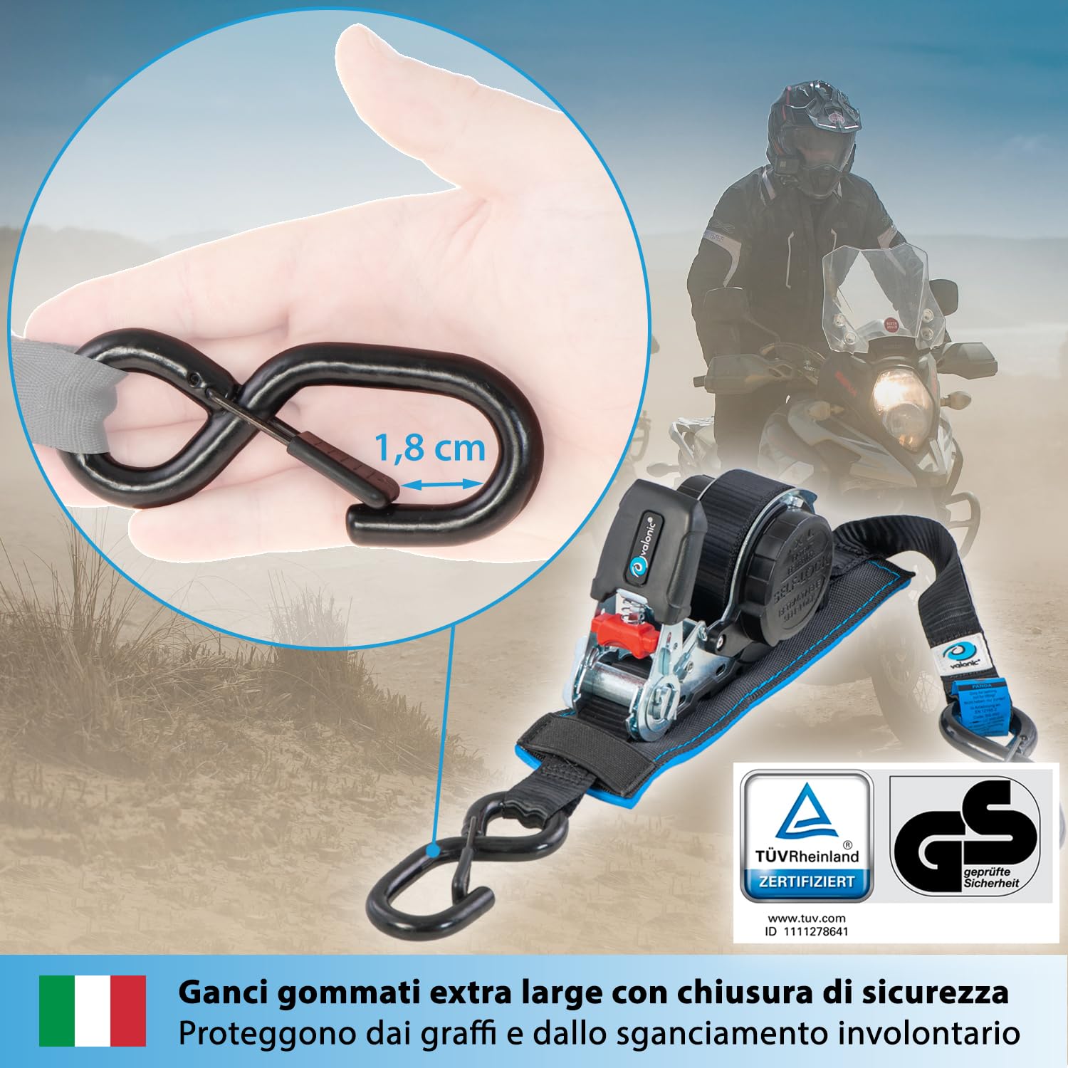 valonic PANDA - 2x 5m Cinghie di fissaggio automatiche con gancio a moschettone, 25mm, 300/600 Kg, imbottite, certificate TÜV Rheinl. e GS, EN 12195-2 - con cricchetto, nero