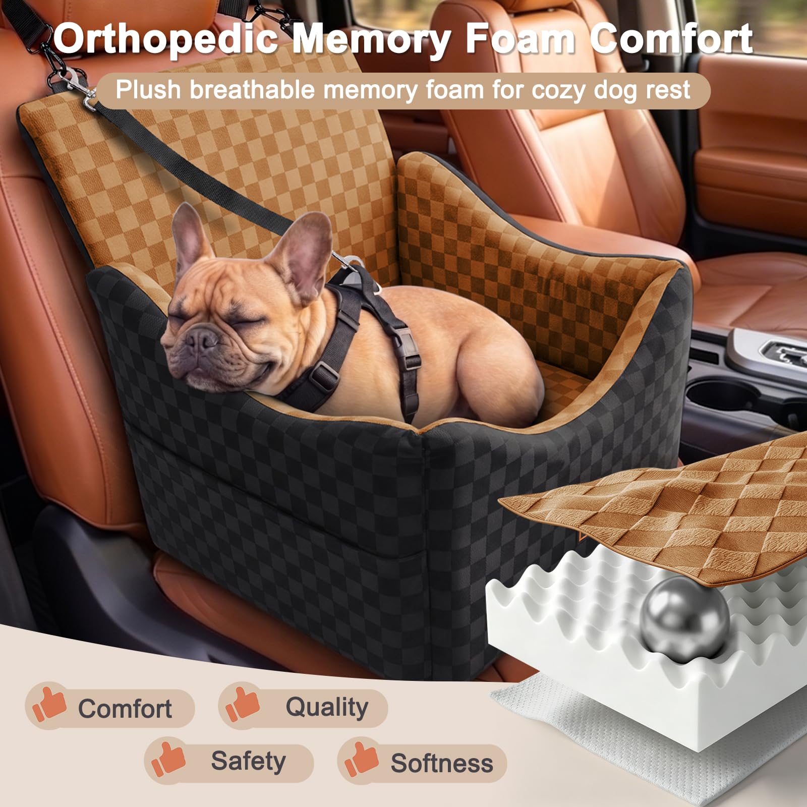 JOEJOY Erhöhter Hundeautositz für kleine/mittelgroße Hunde bis zu 15,9 kg, Memory-Schaum, Haustier-Sitzerhöhung mit abnehmbarem, waschbarem Bezug, tragbares, reisesicheres Bett für Autos mit