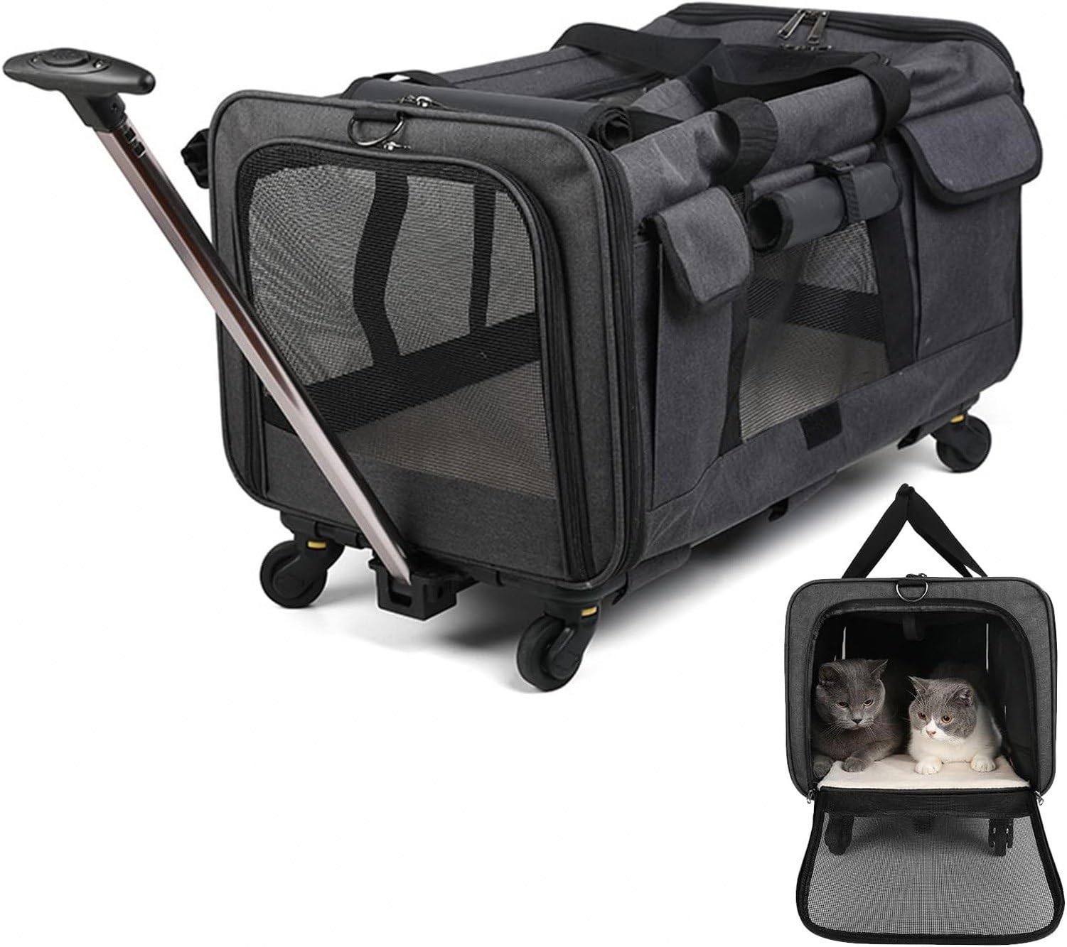 Transportín Rodante Desmontable para Perros y Gatos hasta 9kg, Mascotero Plegable de Lado Blando para Viaje, Jaula Plegable para Mascotas Pequeñas con Ruedas Ex, Black