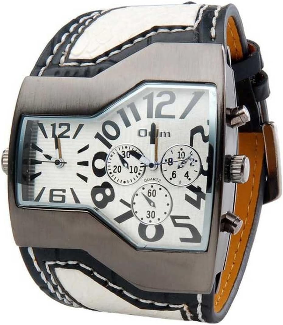 AM Supermarket Mens Large Dial Watch Dual Time Display Quartz White Unique Dial Leather Band