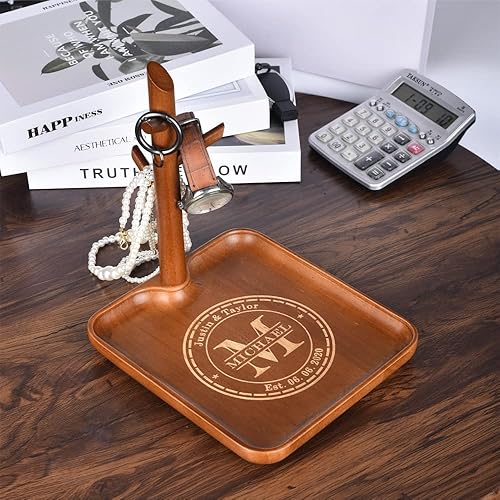 Miniatura 5 de Cuenco para llaves de madera personalizado para mesa de entrada, organizador de bandeja de valet de madera grabada personalizada con 3 estantes para