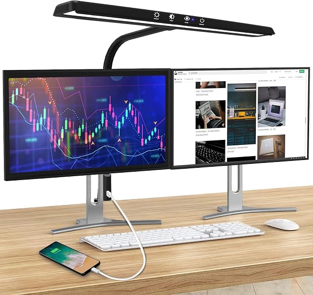 VAZILLIO LED Desk Lamp, 24W Desk Lamps Office with Base, Adjustable 5 Color Modes & Auto Dimming Desk Light with Plug Charger, Eye Protection Touchable Memory Computer Light for Study/Working/Reading