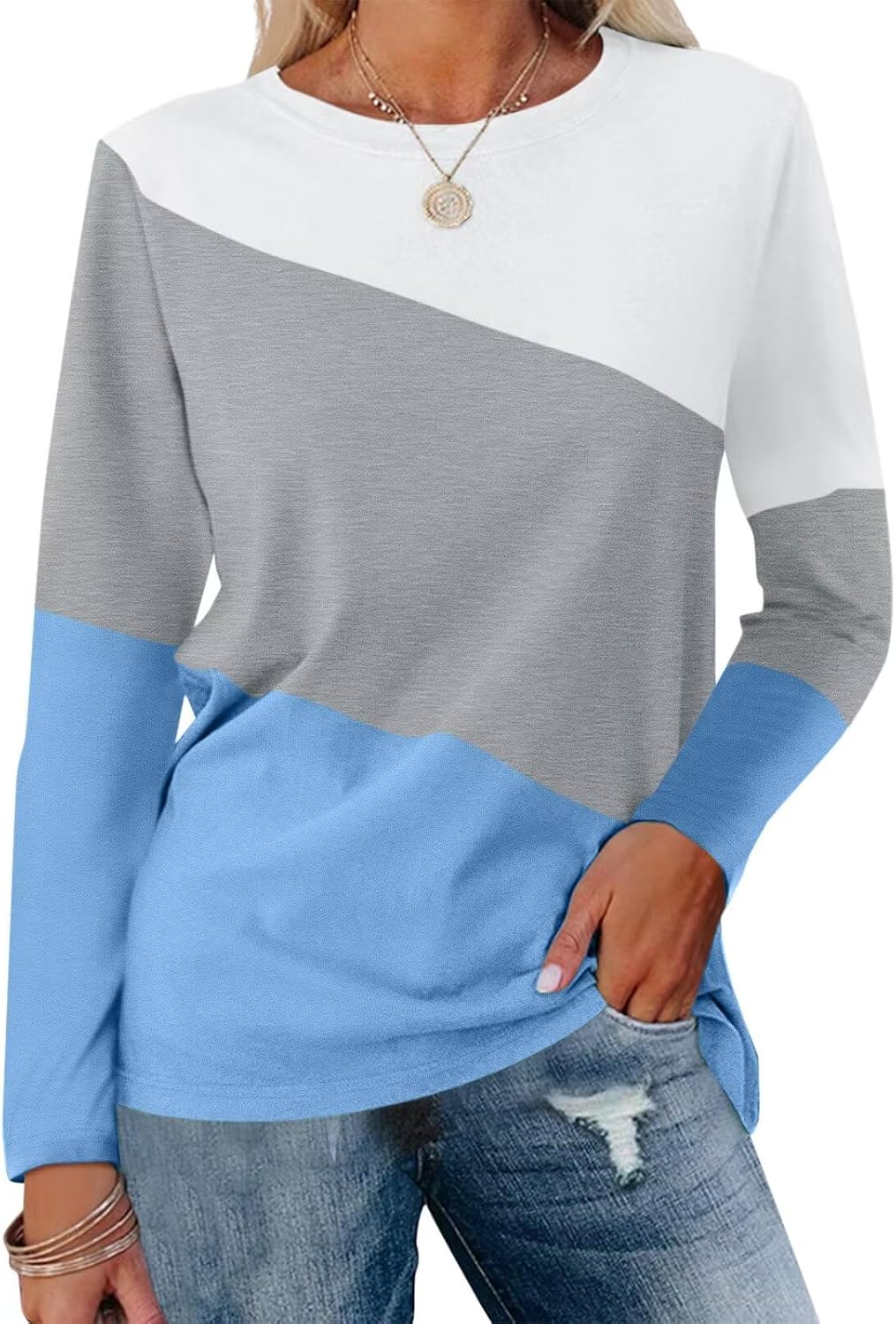 ORANDESIGNE Women's Color Block Long Sleeve Tunics Tops Casual Striped Crew Neck Shirts Loose Blouses