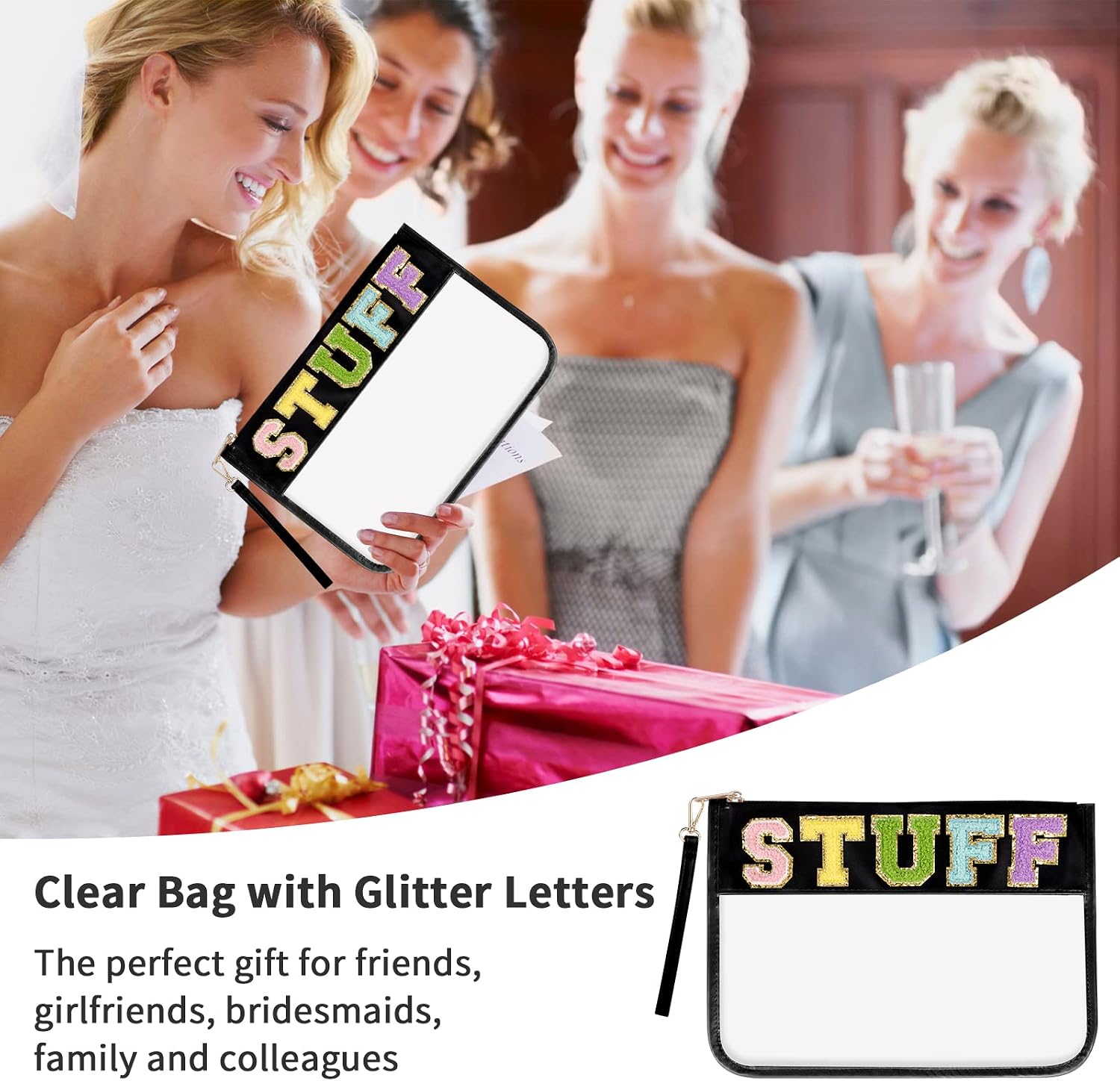 Iqimott Chenille Letter Clear Bag Stuff Pouch, Monogram PVC & PU Makeup Cosmetic Bag Zipper Toiletry Pouch, Waterproof Portable Purse Travel Beach Snack Wristlet Bags for Women Girls(Stuff, Black) image 5