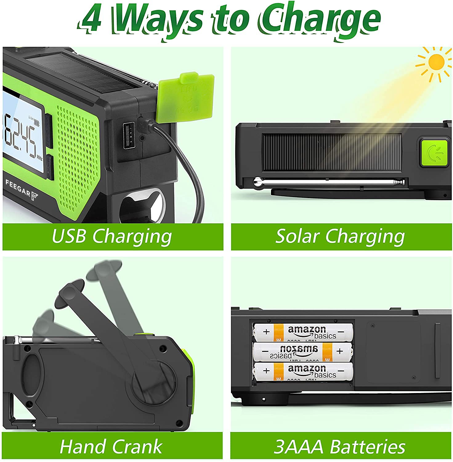 Notfall Solar Radio Feegar OZE Pro Handkurbel-Radio tragbar AM/FM Wetter Notfallradio großes LCD-Display SOS-Alarm solarbetrieben 2000mAh Wiederaufladbar Powerbank für Zuhause und Notfall