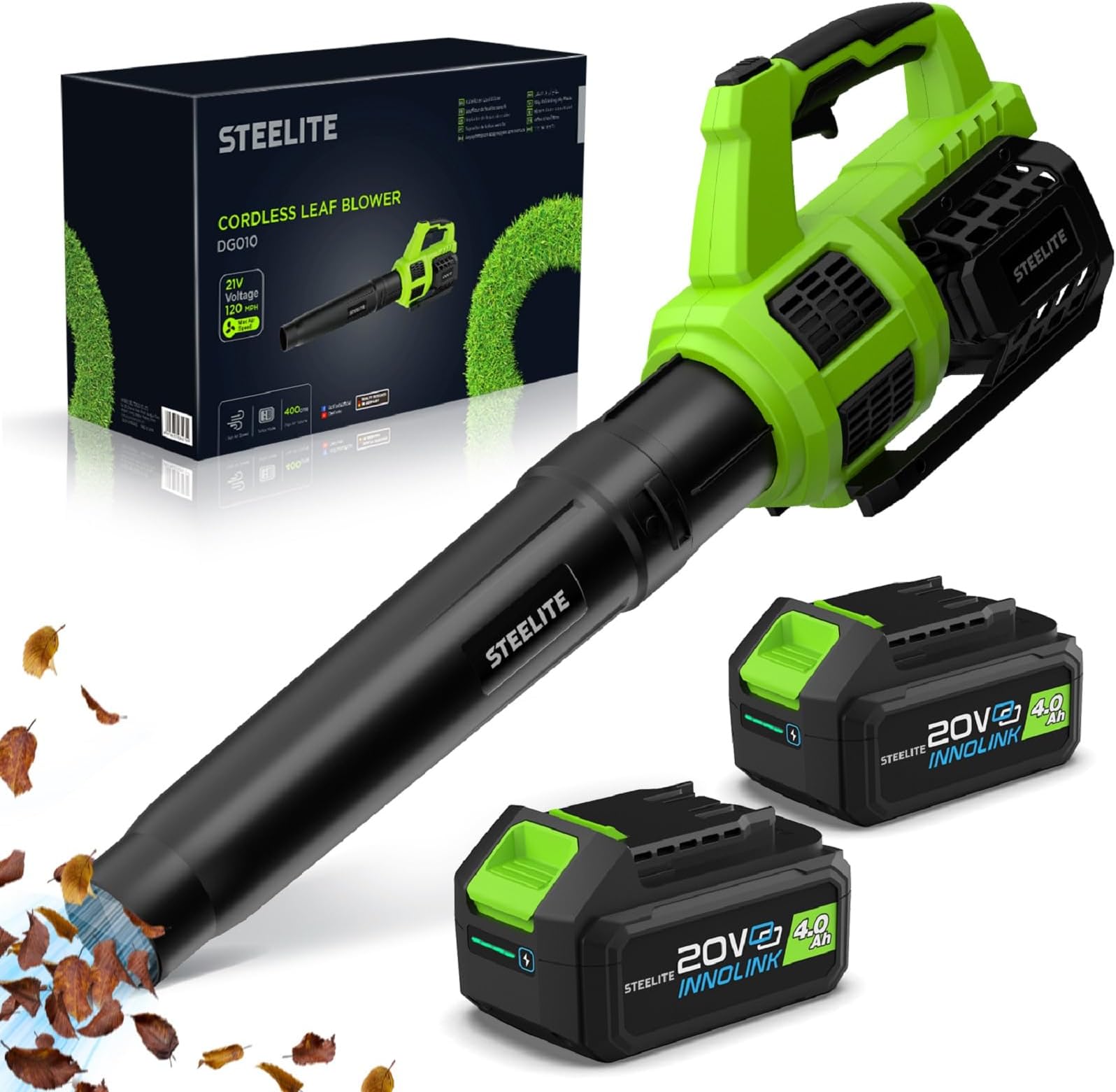 STEELITE Leaf Blower 21V, Electric Leaf Blower Cordless with Battery and Charger, Powerful Battery Blower for Lawn Care, Patio Cleaning and Dust, 2 x 4.0Ah