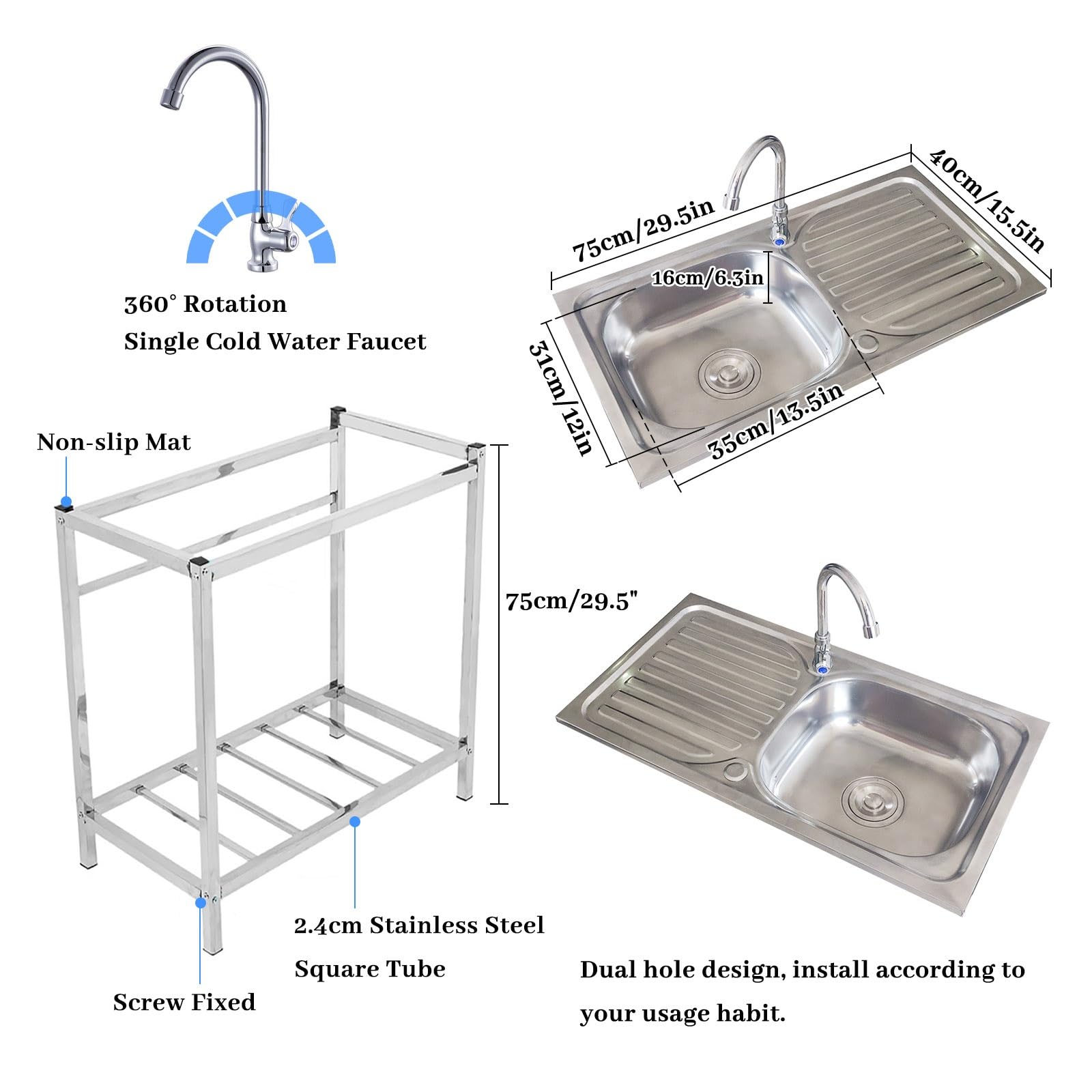 Extérieur Évier De Jardin Évier Sur Pieds En Acier Inox 1 Bac Mobile Cuisine Commercial Autoportant ÉVier avec Robinet Évier Utilitaire pour Sous-sol Restaurant Facile à Nettoyer 75x40xH75cm