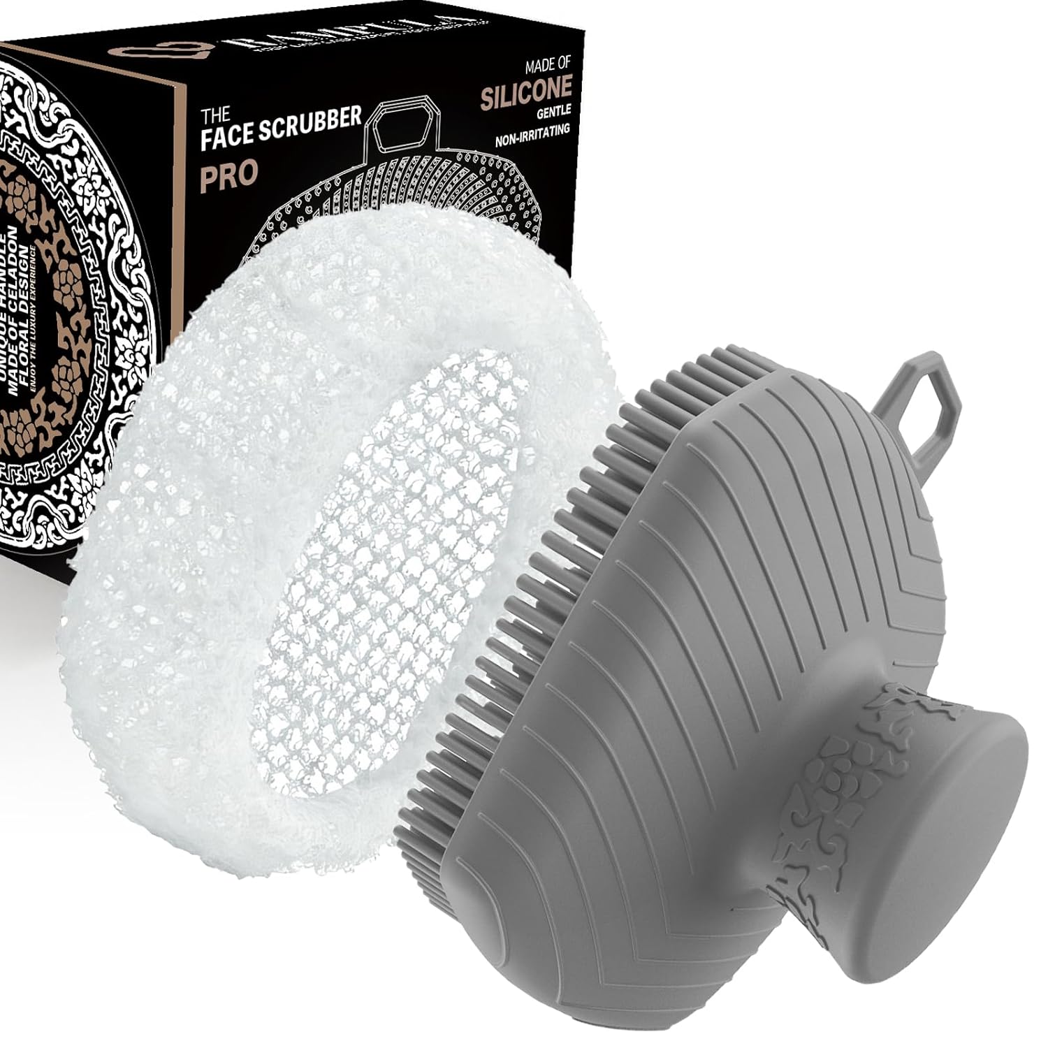 Face Scrubber & African Net, Silicone Exfoliating Brush for Men, Facial Cleansing Brush, Manual Waterproof Cleansing Skin Care, Blackhead Removing Pore Cleansing Massaging Face Brushes - Grey