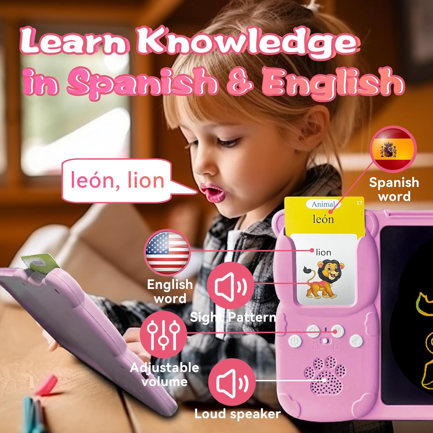 KILOGOGRAPH Tarjetas flash bilingües en inglés y español con tablero de