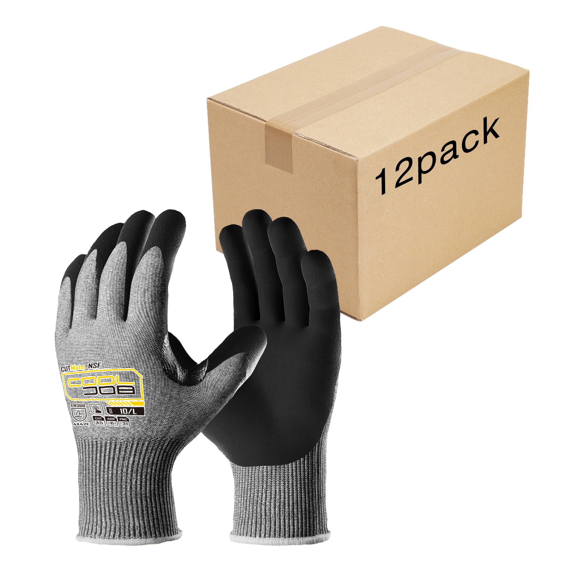 COOLJOB ANSI A5 Cut Resistant Gloves 12 Pairs, Nitrile Rubber Dipped Safety Work Gloves for Men, Knife Proof with Grip Coating for Construction