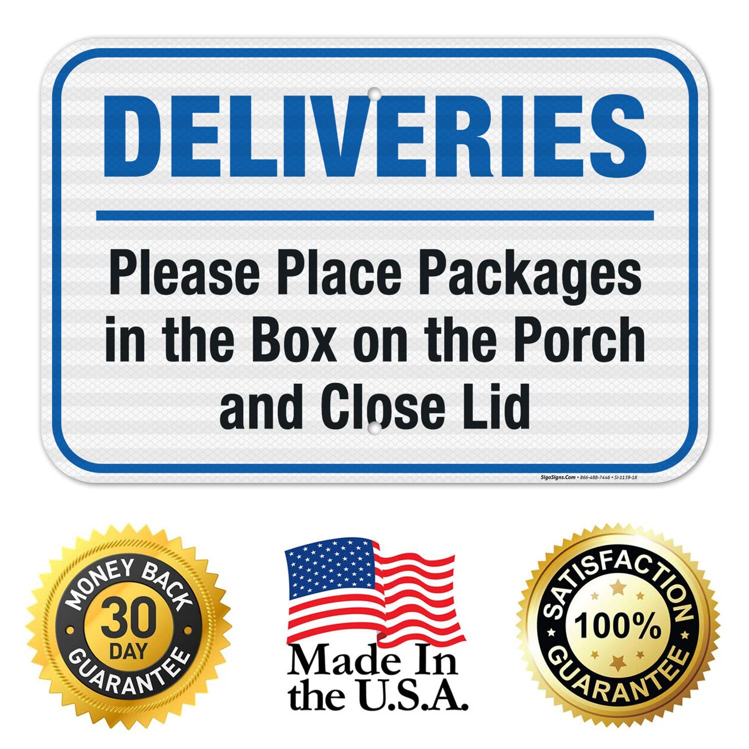 Package Delivery Sign, Please Place Packages in The Box On Porch, 12x18 Inches, 3M EGP Reflective .063 Aluminum, Fade Resistant, Easy Mounting, Indoor/Outdoor Use, Made in USA