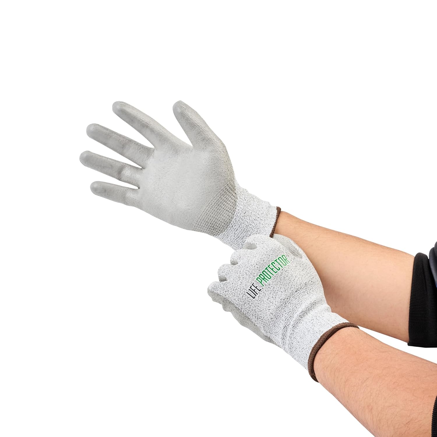 Restaurantware-Life Protector HPPE Large Safety Work Gloves, 10 Pairs Of Gloves With PU Coating On Palm And Fingertips - Cut-Resistant, 13-Gauge, Gray Polyester And Spandex Protective Handwear
