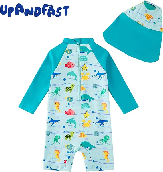 upandfast Maillot de Bain Une pièce avec Fermetures éclair pour bébé garçons Maillot de Bain pour bébé Protection Solaire UPF 50+ avec Chapeau de Soleil - 3