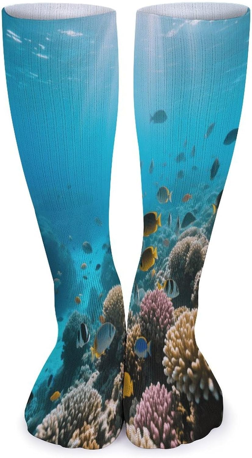 Coral Reefs, Tropical Fish Crew Socks High Stocking Thermal Socks | Tube Socks-Breathable-Moisture-Soft-wicking for Hospital Pilates Yoga for women men Grippy for office and daily walking