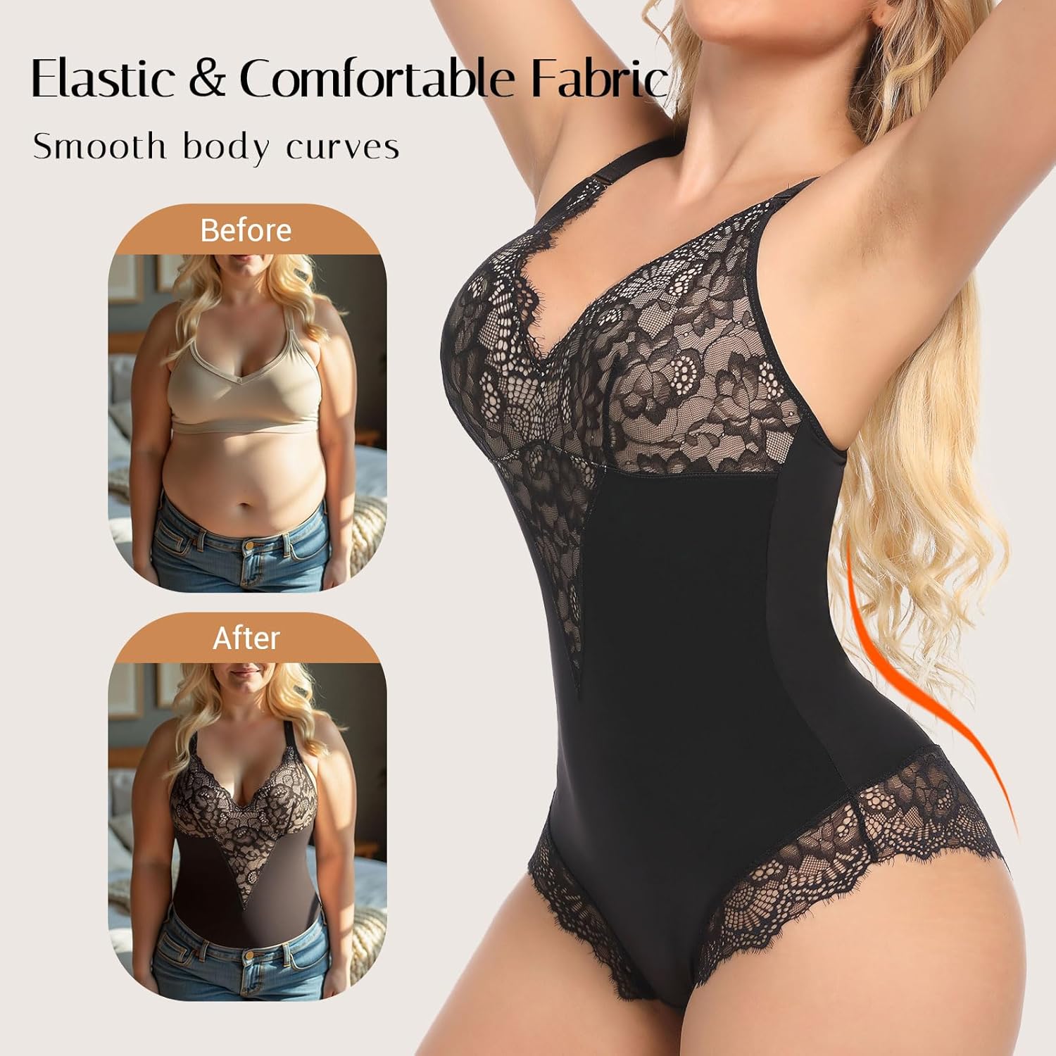 Women's Lace Shapewear Bodysuit Sculpting V-Neck Tummy Control Thong Shapewear Bodysuit Tank Tops Body Shaper SW03 Black - Image 5