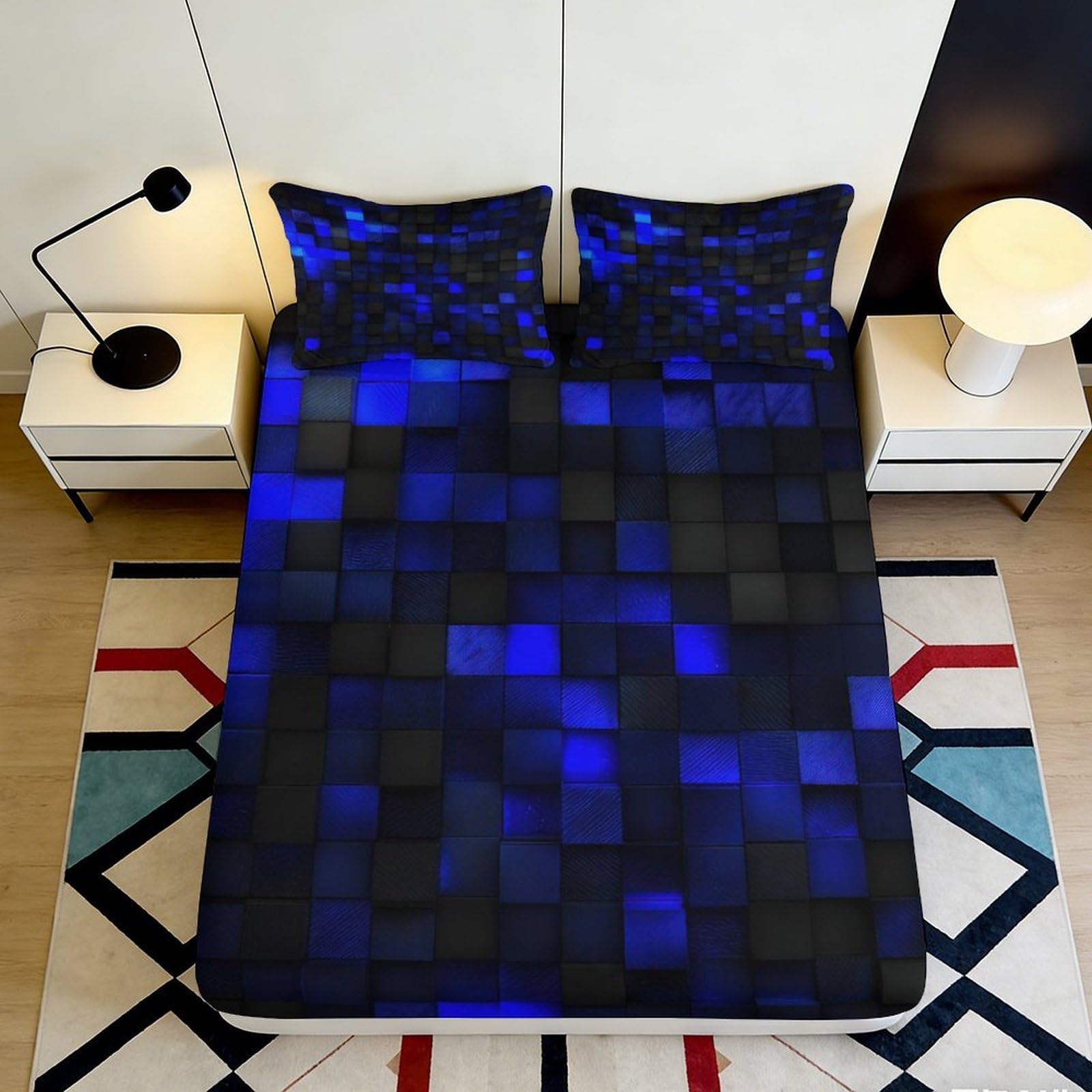 3D Printed Check Pattern Fitted Sheet Microfiber Deep Pocket Bedroom Bedding Plaid Mattress Fitted Cover Washable Non-Slip 200x200x25cm