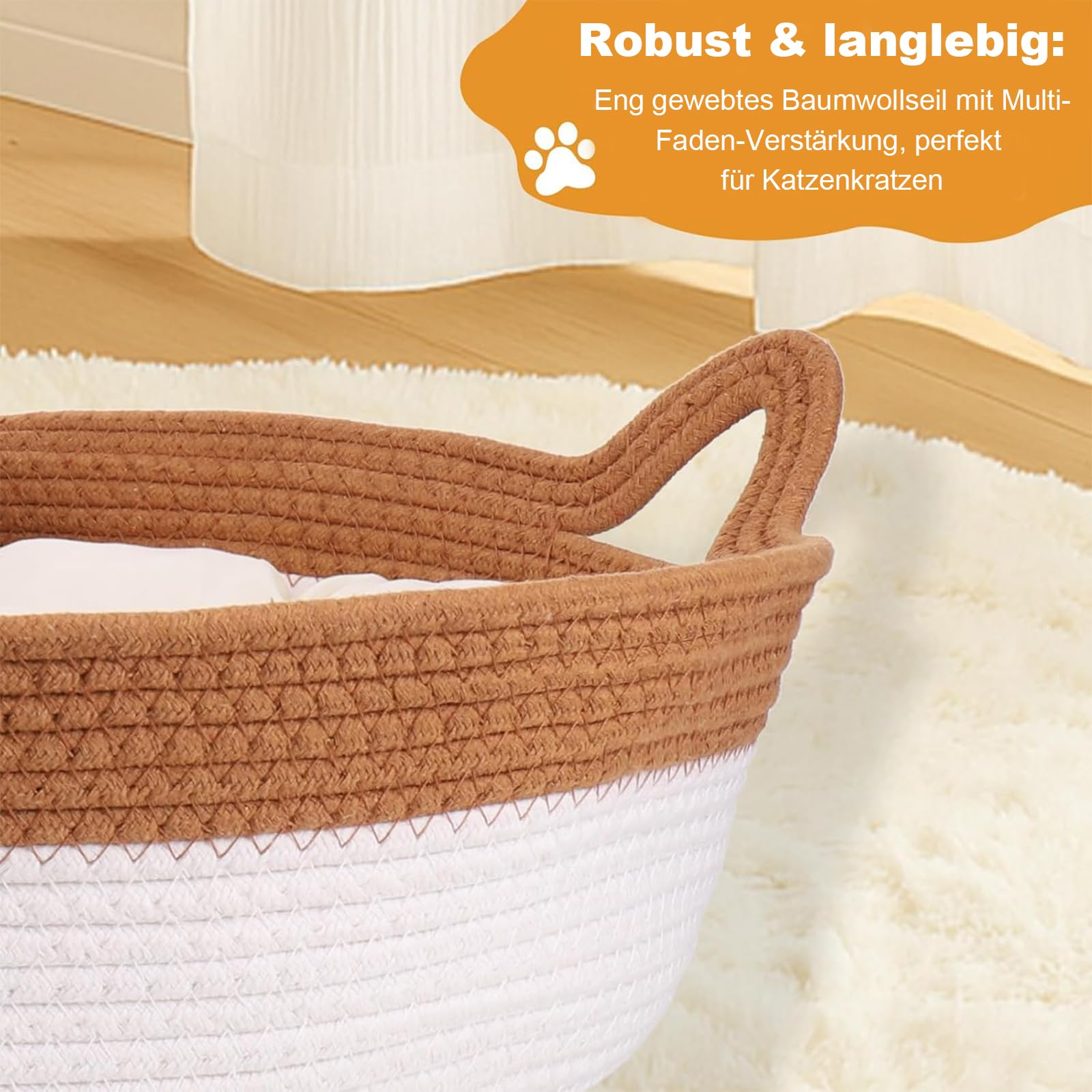 Katzenbett mit Seilball, 46x46x16 cm Rundes Katzenkorb aus Baumwollseilen, Atmungsaktiv Waschbar Drinnen Katzenkörbchen, Katzenhöhle für Alle Katzen und Welpen