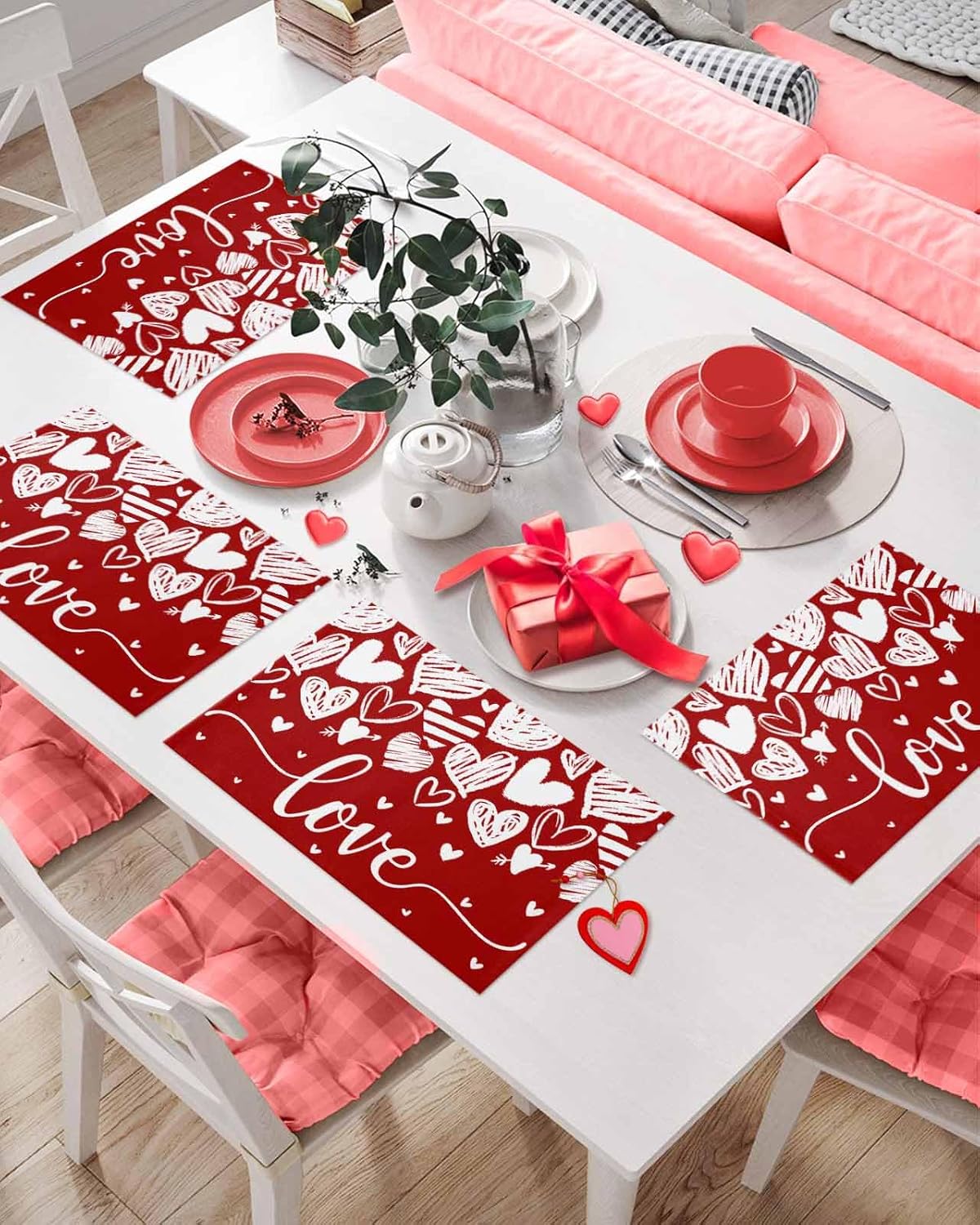 Valentines Day Placemats Set of 4 Heart Table Mats, Romantic Love Winter Seasonal Holiday Outdoor Dining Table Place Mats for Home Party Decoration(Red and White, 13"x19")