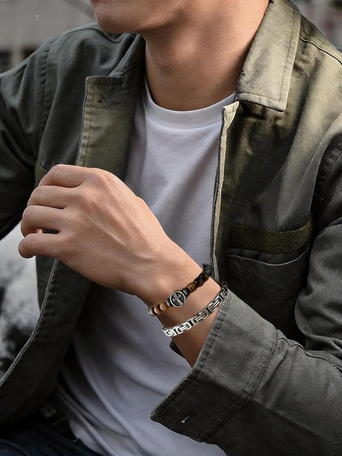 2Pcs Men's Bracelet Set - Byzantine Stainless Steel Chain & Natural Stone Cross Bracelet, Tiger Eye Black Obsidian Hematite Beads, Christian Religious Jewelry Gift for Him, Father's Day Birthday