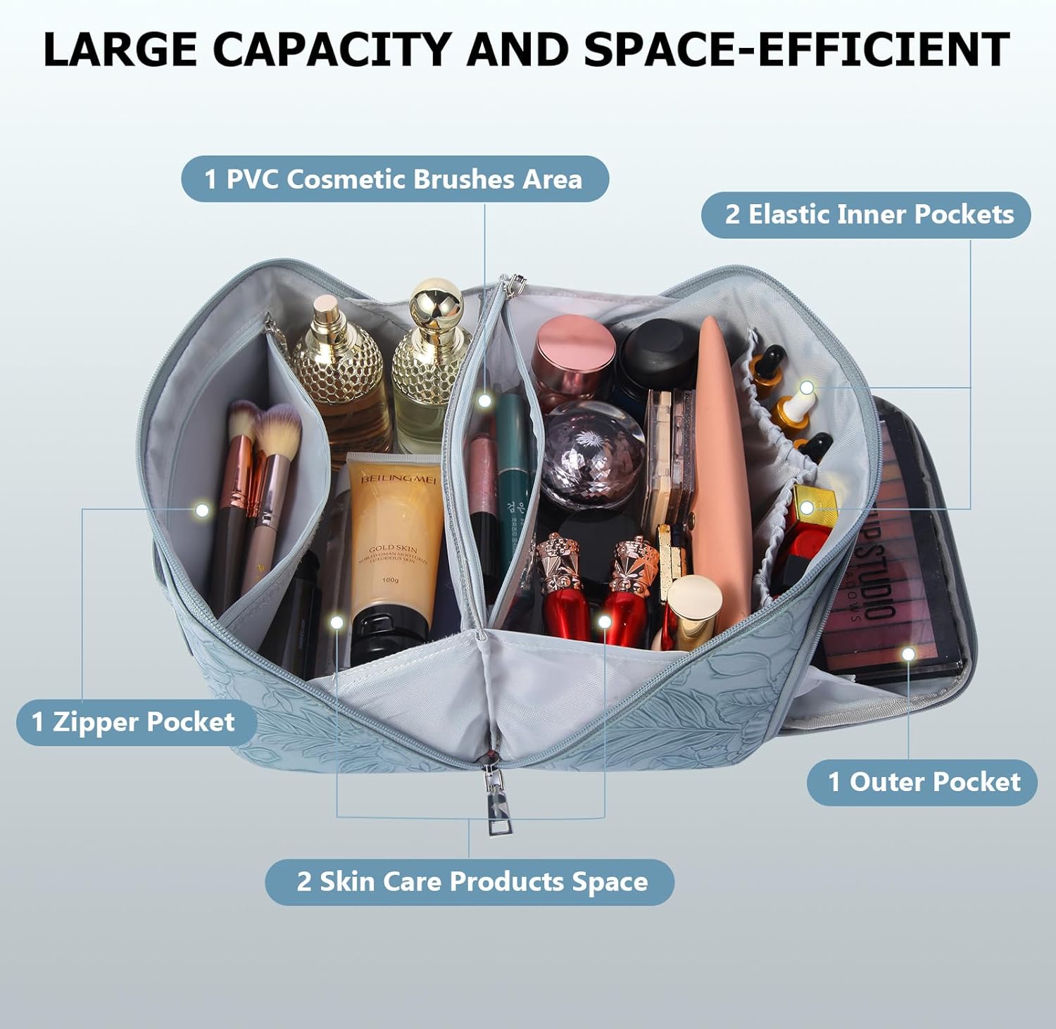 Travel Makeup Bag, Large Capacity Cosmetic Bags for Women, Waterproof Lining and PU Leather Portable Pouch, Open Flat Toiletry Bag, Make up Organizer with Divider & Handle (Light Blue) - Image 4