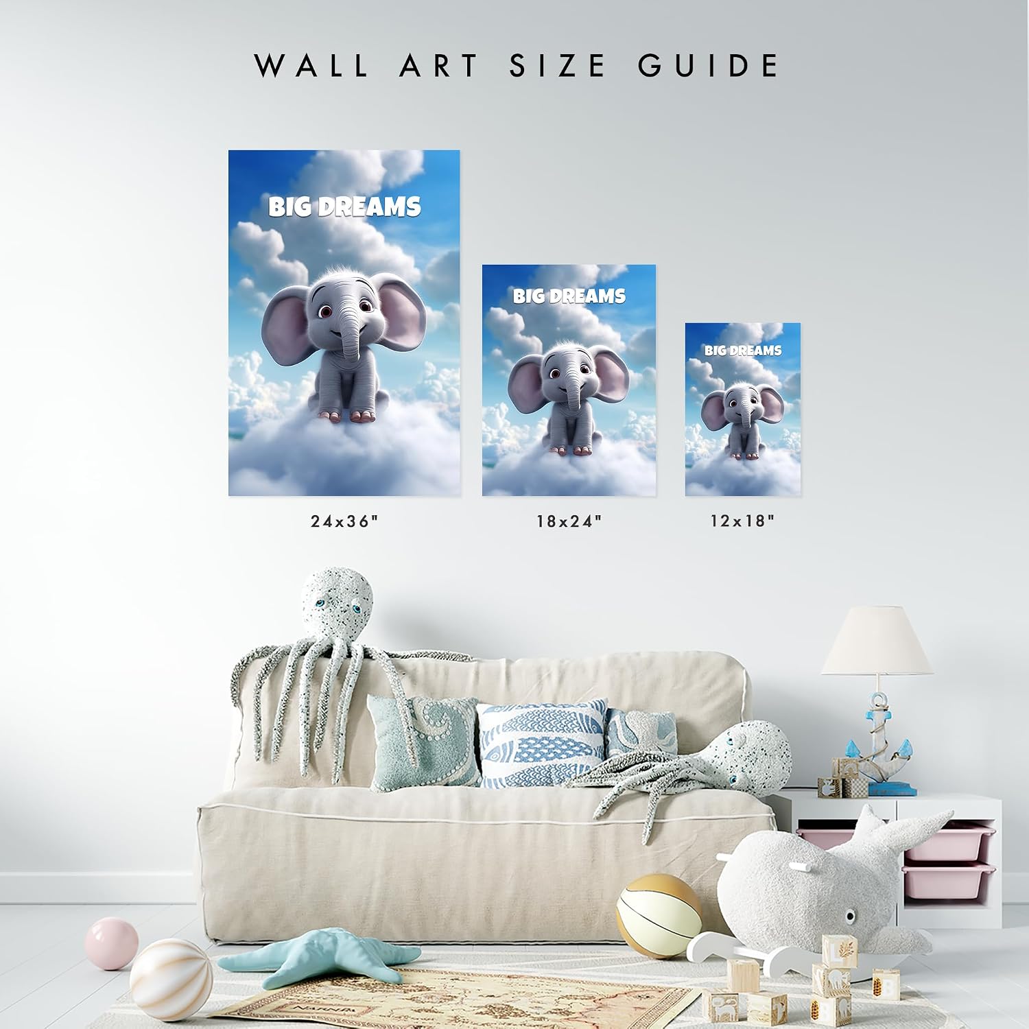 Raskals Kids Wall Art | Perfect for Baby's rooms, nurseries, playrooms, & toddler rooms | Inspirational Canvas Artwork for Kids. Big Dreams. Elephant (12in x 18in)