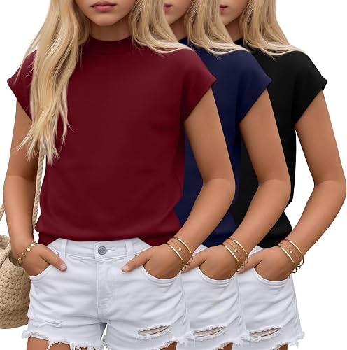 YooAurvox 3 Pack Girls Shirts Summer Cap Sleeve Fashion Mock Turtleneck Tops Kid
