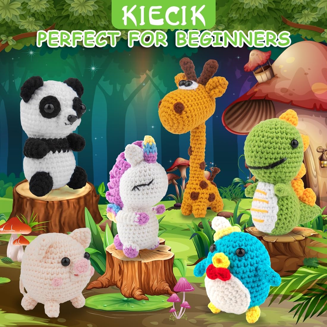 Kit de ganchillo de 6 piezas para principiantes, kits de animales de ganchillo, kit de tejer para niños y adultos con tutoriales de videos paso a paso, kit de tejer para niños, gran regalo de