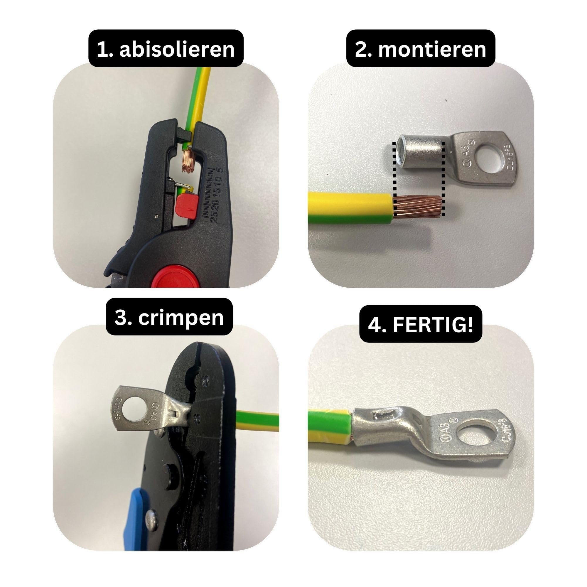Kalitec 120x Rohrkabelschuhe Sortiment 4-16mm² - Quetschverbinder Set | Verzinnte Kupferkabelschuhe geglüht für hohe Dehnbarkeit, inkl. M4, M5, M6, M8, M10 Ringösen für Elektriker & Techniker