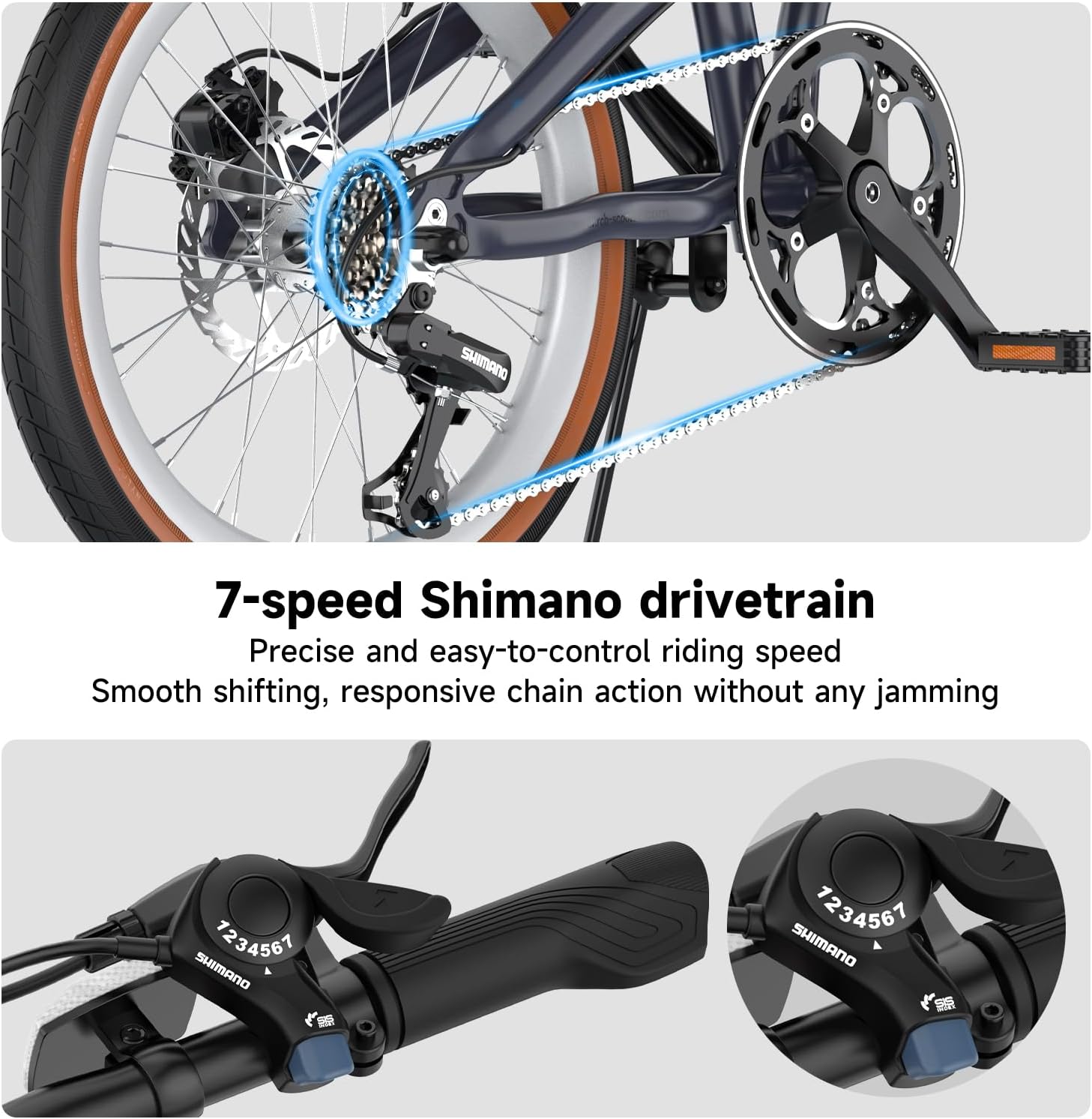 7-speed Shimano drivetrain and grip shifter