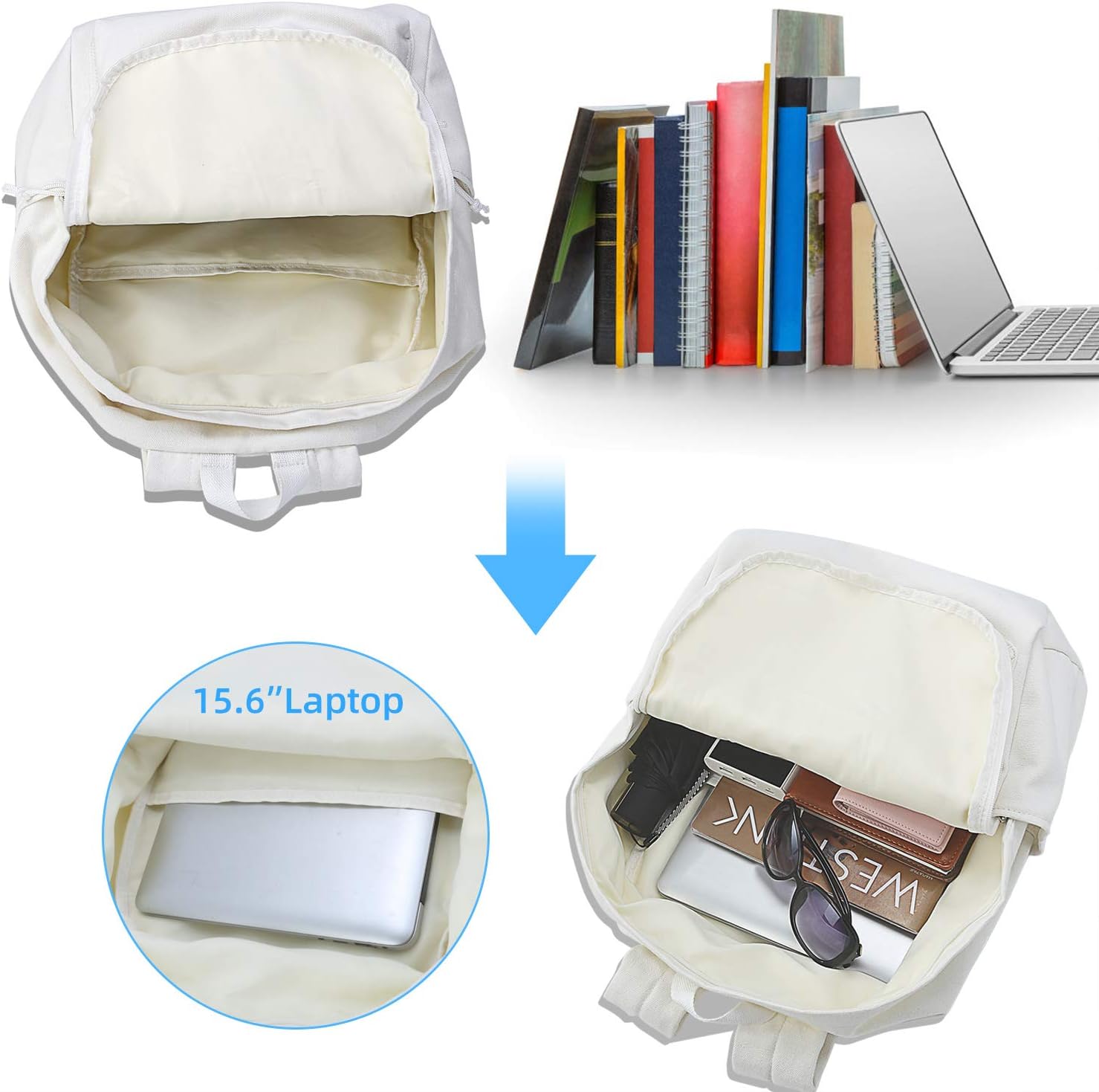 Zicac Diy Canvas Backpack Daypack Satchel Backpack (White, with Side Pocket)