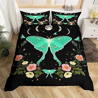 Moth Duvet Cover Set Queen,Moon Planet Starry Sky Galaxy Bedding 3pcs for Kids Teens Adult Room Decor,Gothic Butterfly Comforter Cover Floral Quilt Cover with 2 Pillowcases