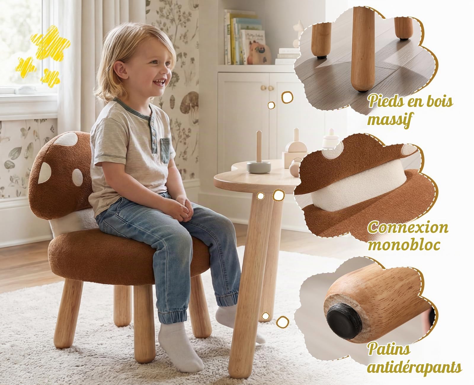 Ya-Home Chaise d'enfant, Petit Fauteuil Enfant Design Champignon, Marron