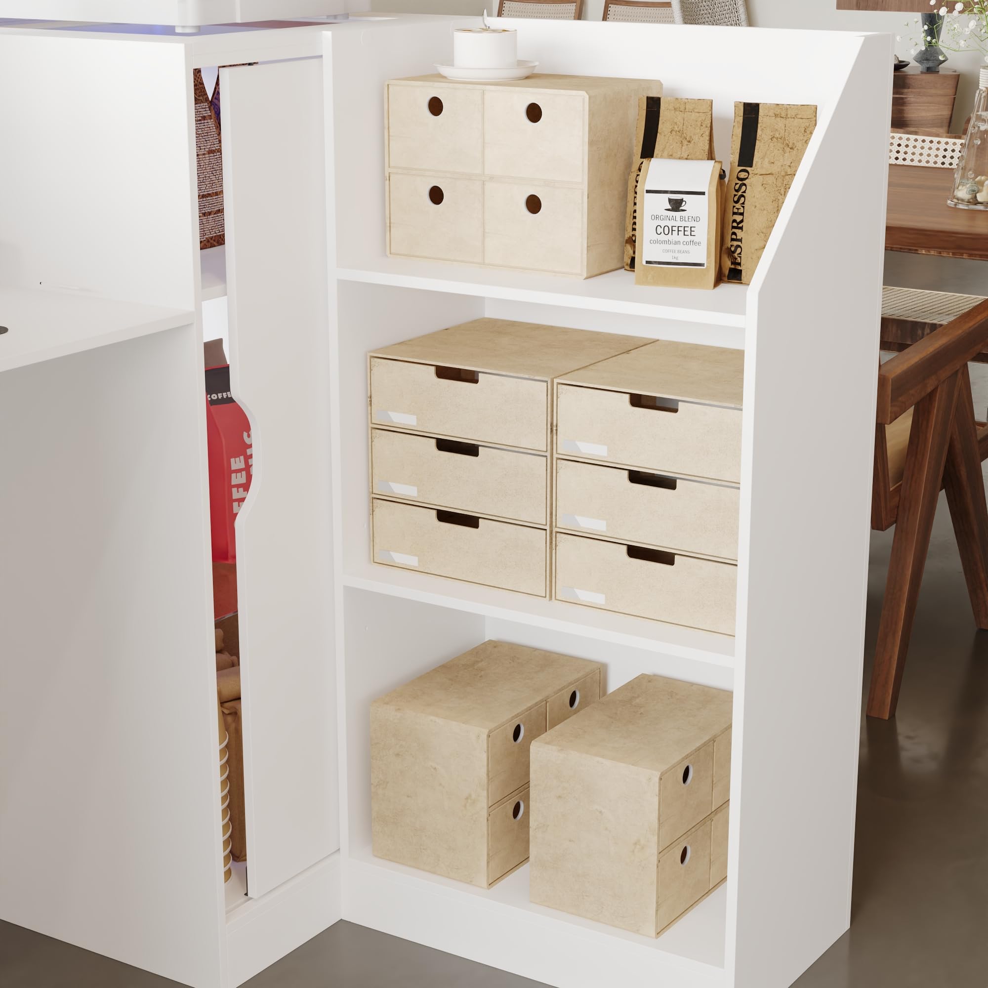 Caldion Moderno mostrador de recepción con iluminación LED, con cajón de tatuaje, mostrador de recepción de cristal templado, mesa de recepción en forma de L, color blanco, 120 x 100 x 103 cm