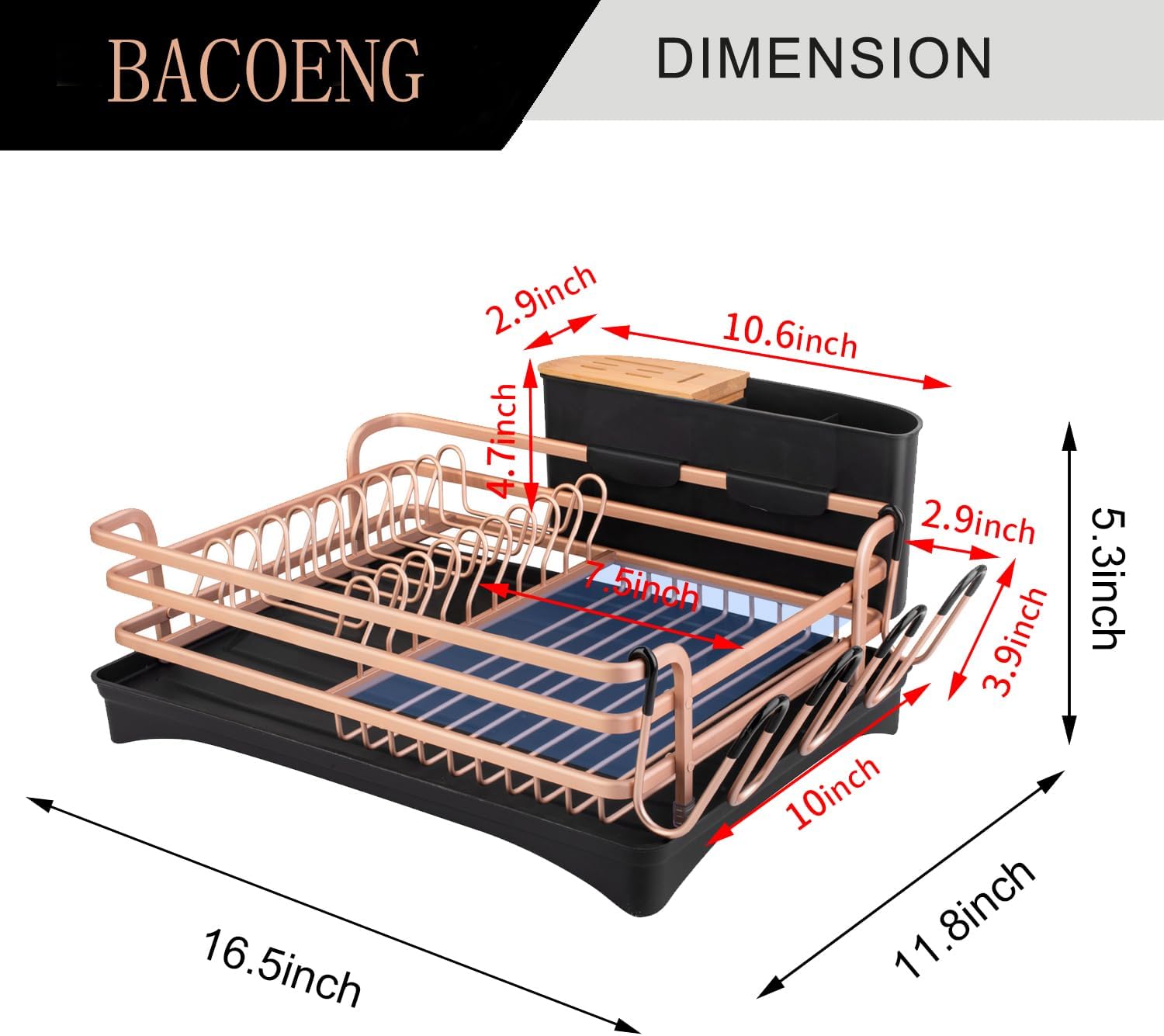 Gold Aluminum Dish Drying Rack with Utensil Cup and Swivel Spout
