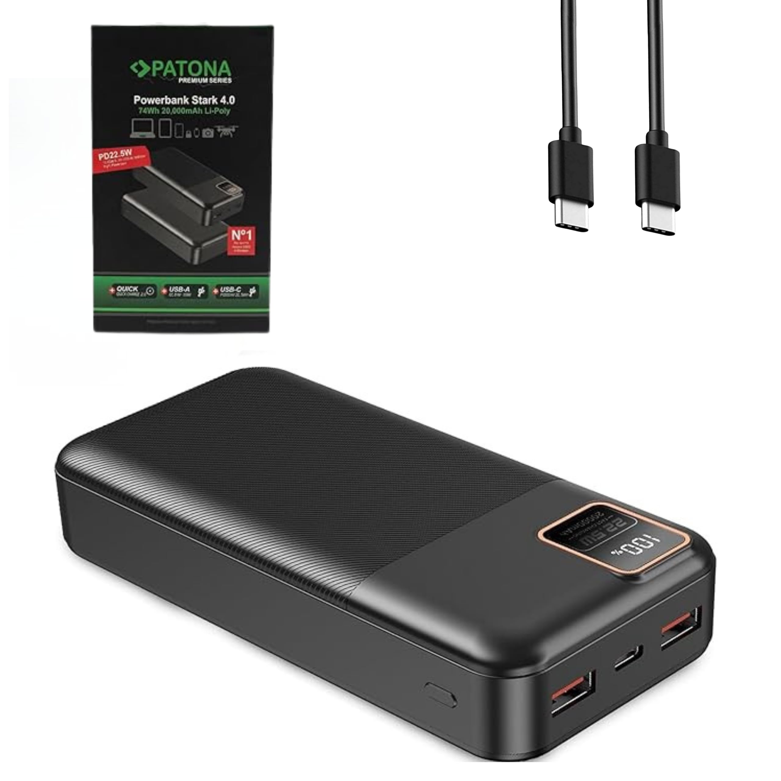 PATONA Premium Powerbank 20.000mAh PD 22.5W | 74Wh Power Bank mit Li-Polymer Batterie | Schnellladung | 2X Powerbank USB A - 1xUSB-C 5A max | Schutz gegen Überladung, Kurzschluss, Überhitzung