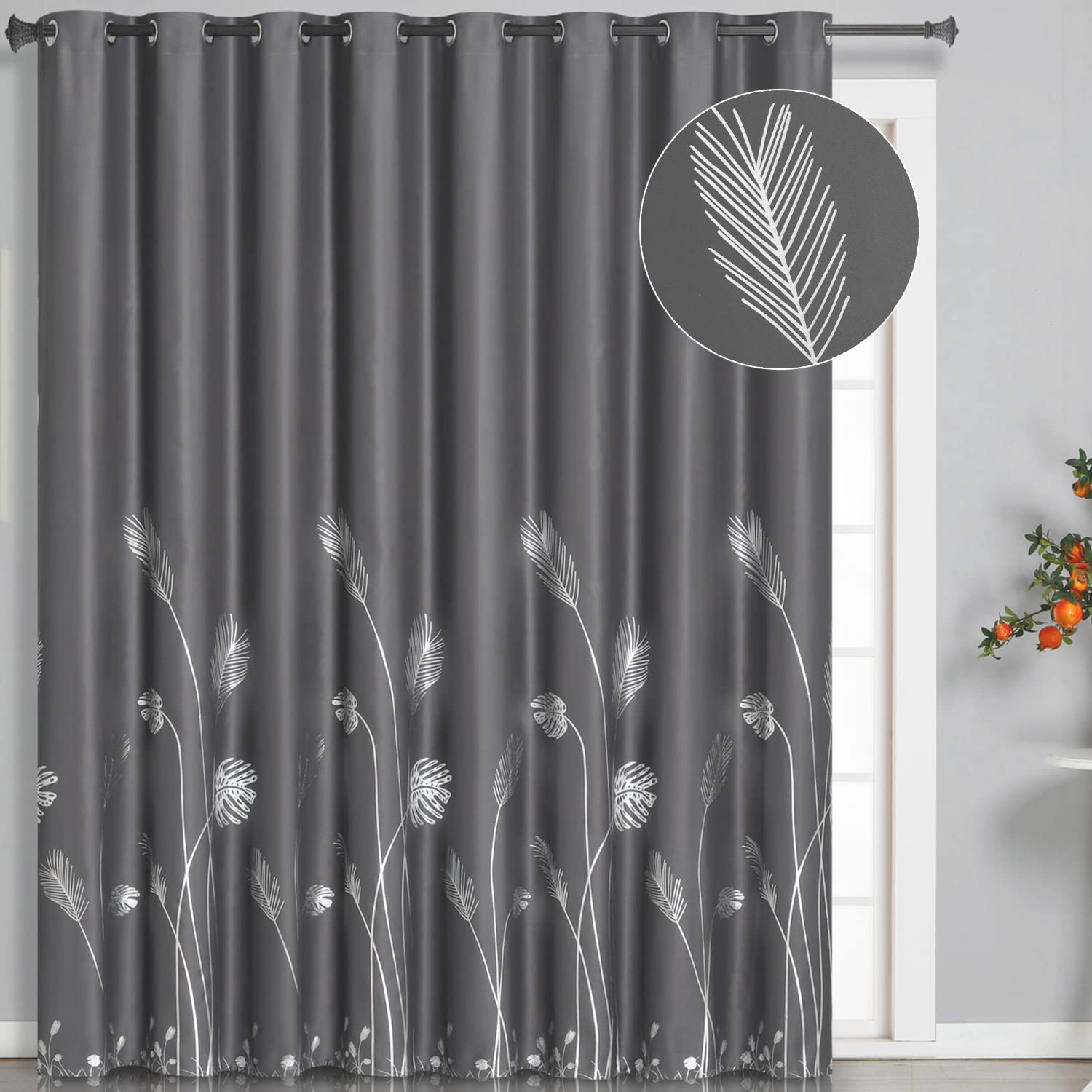 Estelar Textiler Curtain for Sliding Glass Door 100W x 108L Inch Blackout Curtain with Silver Palm Tree Thermal Insulated Elegant Drape for Living Room, 8.3ft Wide x 9ft Long, Dark Grey, 1 Panel
