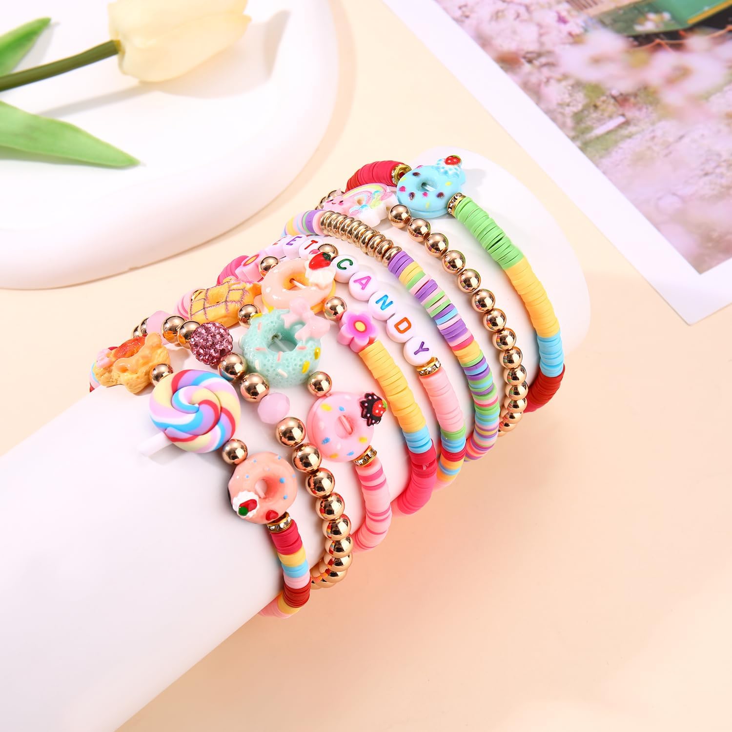 Donut Bracelet for Women Novelty Sweet Dessert Donut Heishi Clay Beaded Stretch Bracelets Stackable Cute Food Elastic Layering Friendship Wrist Jewelry Fun Holiday Birthday Party Gift image 3
