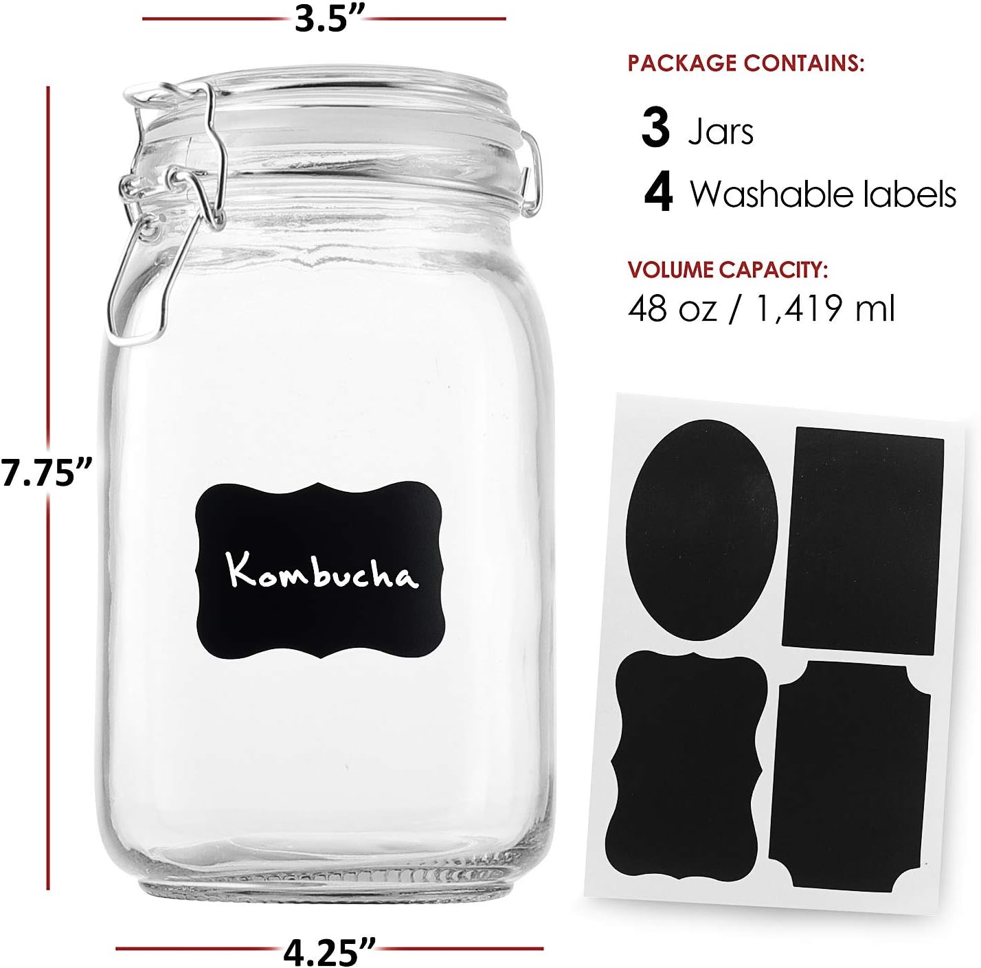 DilaBee Glass Jars with Airtight Lids - 3 Pack Large Storage Jars - Square Glass Canisters with Chalk Labels & Rubber Gasket - Food Containers for Kitchen & Pantry - 48 Oz