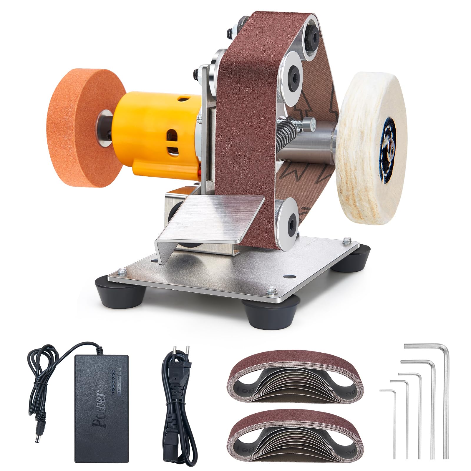 Mini Bandschleifer,7 Einstellbare Geschwindigkeiten Elektrischer Messerschärfer, Schleifbänder Geliefert, Schleifscheibe und Polierscheibe für Metall Holz DIY Handwerk, Werkzeug & Messerschärfen