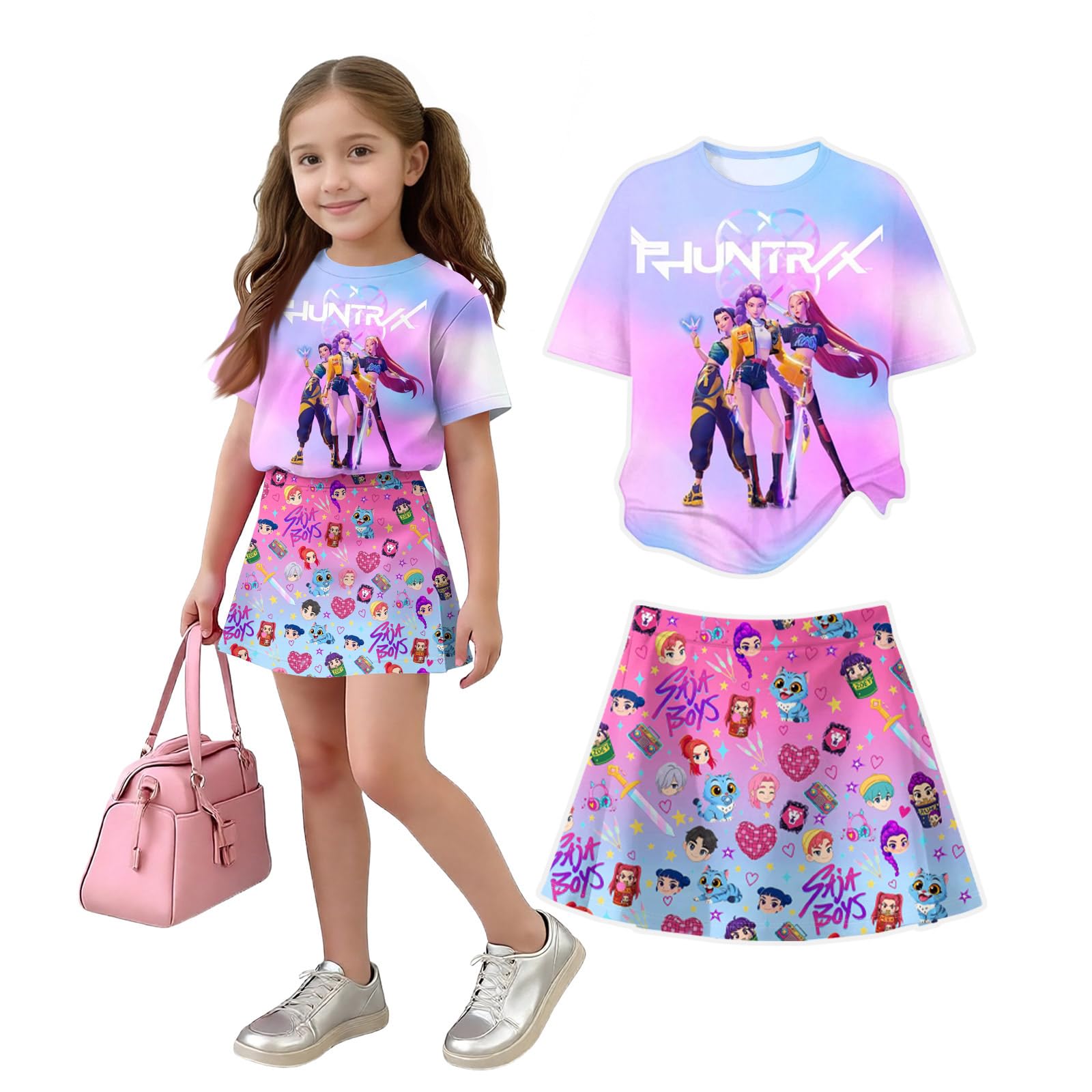 K Pop Short Sleeve T-Shirt and Skirts Outfits Set for Girls Hunters Girl's Anime Graphic Tees De-Mon Summer Sets — view 26