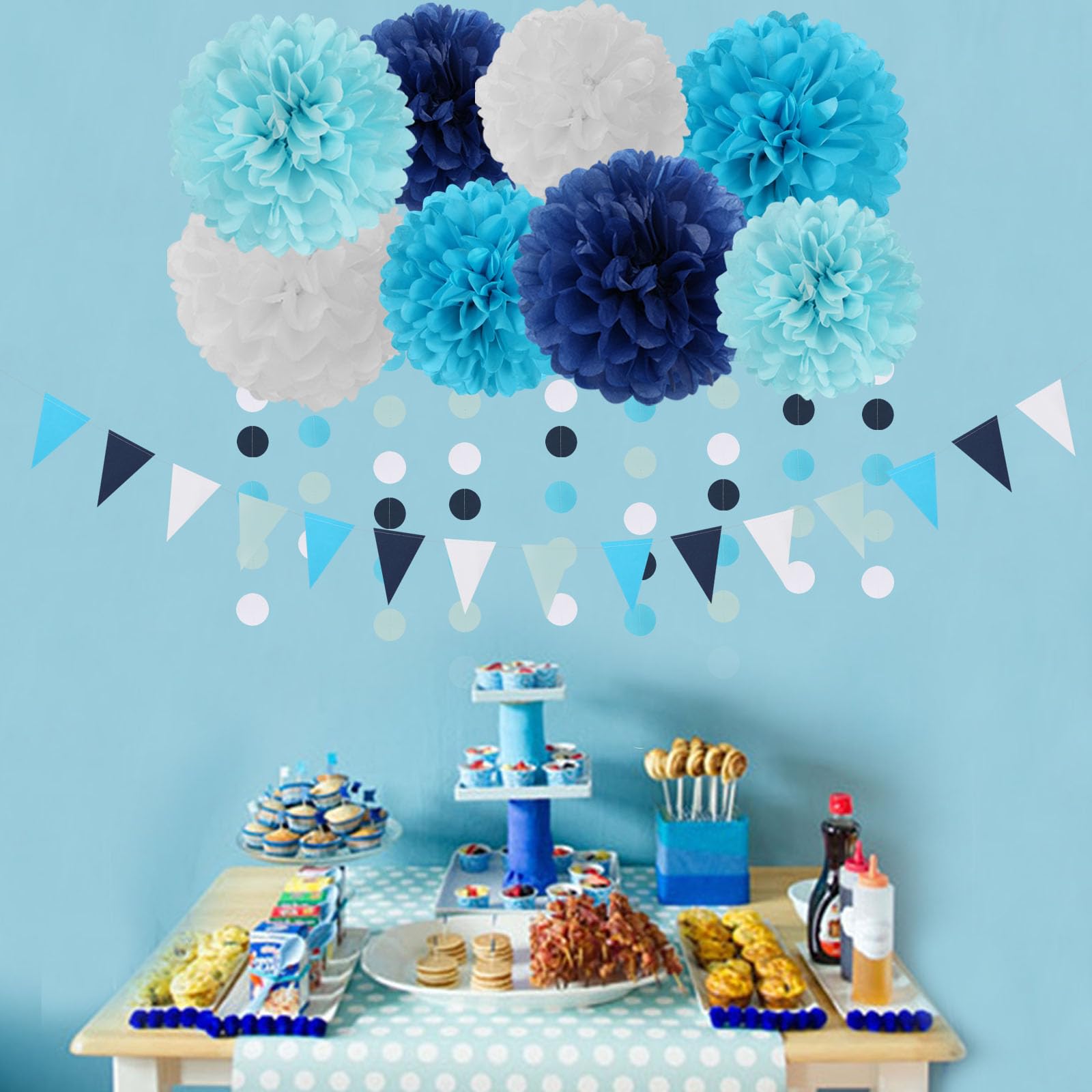 Light-Royal granatowo-białe pompony serpentyny - 30 szt. podmorskie mrożone dekoracje imprezowe, urodziny, baby shower, girlanda, baner, ślub, zaręczyny Lasting Surprise