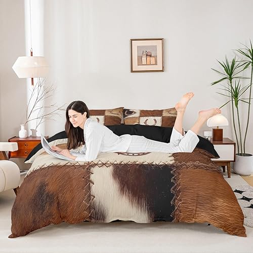 Miniatura 3 de Juego de ropa de cama de cuero vacuno occidental con estrella de Texas dorada, funda de edredón con estampado de herradura de animales de granja,