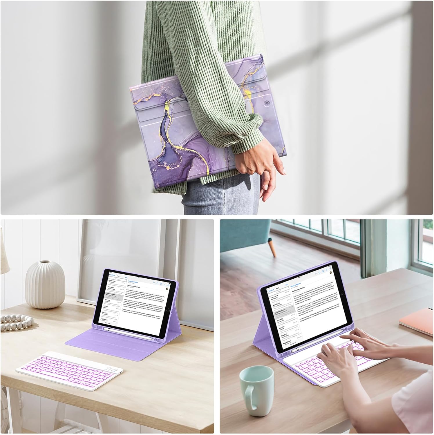 Soke for iPad 9th/8th/7th Generation Case with Keyboard 10.2 Inch-7 Color Backlitght Magnetic Wireless Detachable Folio Keyboard Cover with Pencil Holder for Apple iPad Gen 9/8/7, Violet Marble